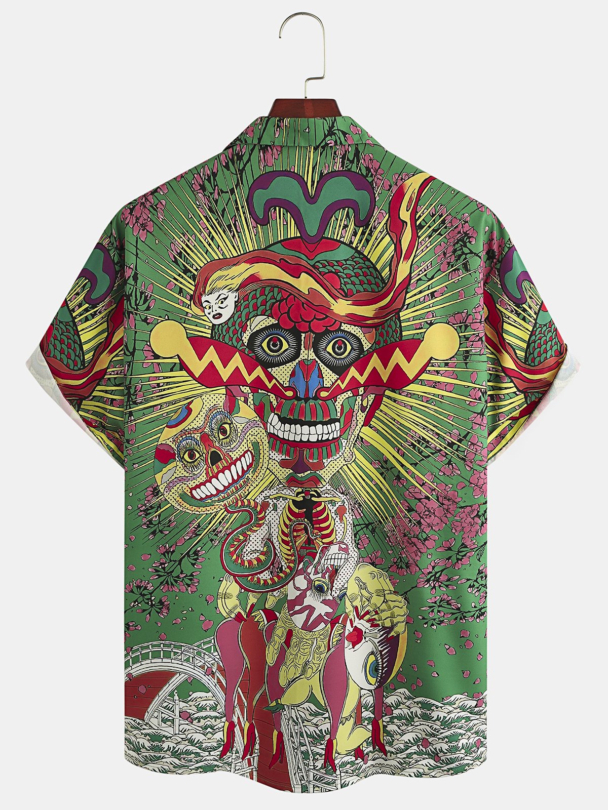 Men's Skull Floral Print Moisture-Breathable Fabric Hawaiian Collar Short Sleeve Shirt
