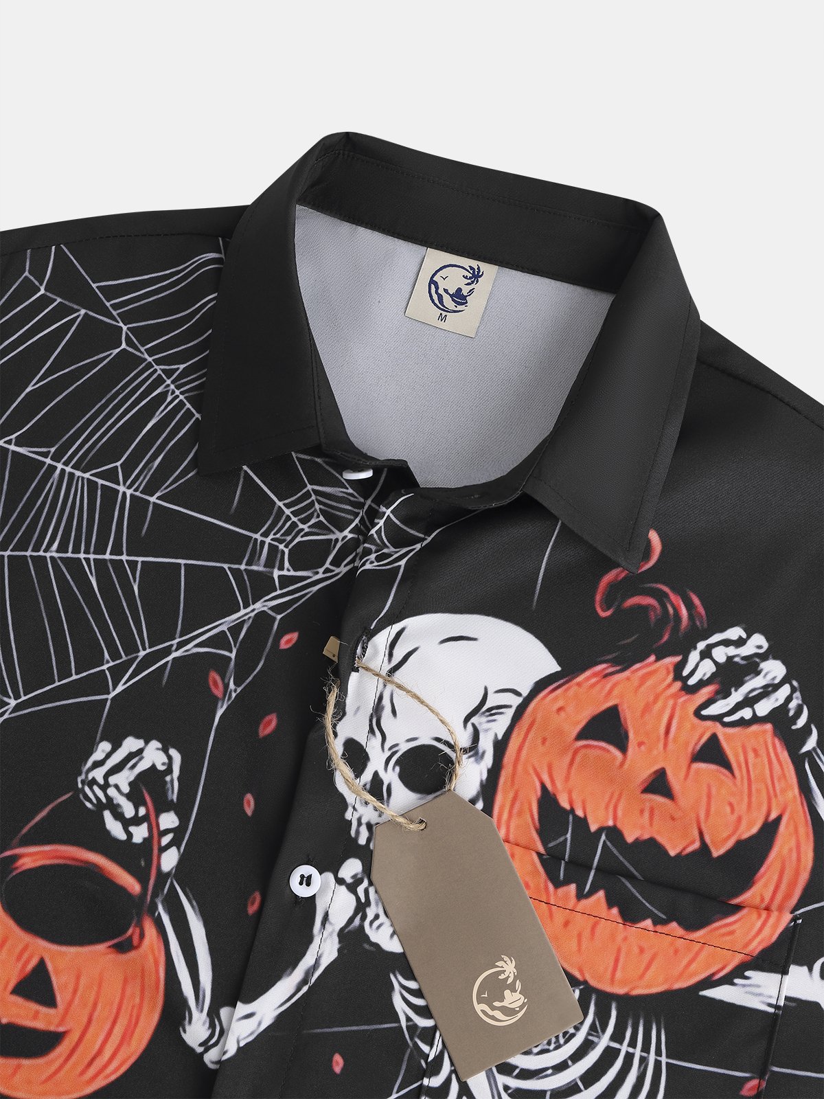 Mens Halloween Skull Print Front Buttons Soft Breathable Chest Pocket Casual Hawaiian Shirt