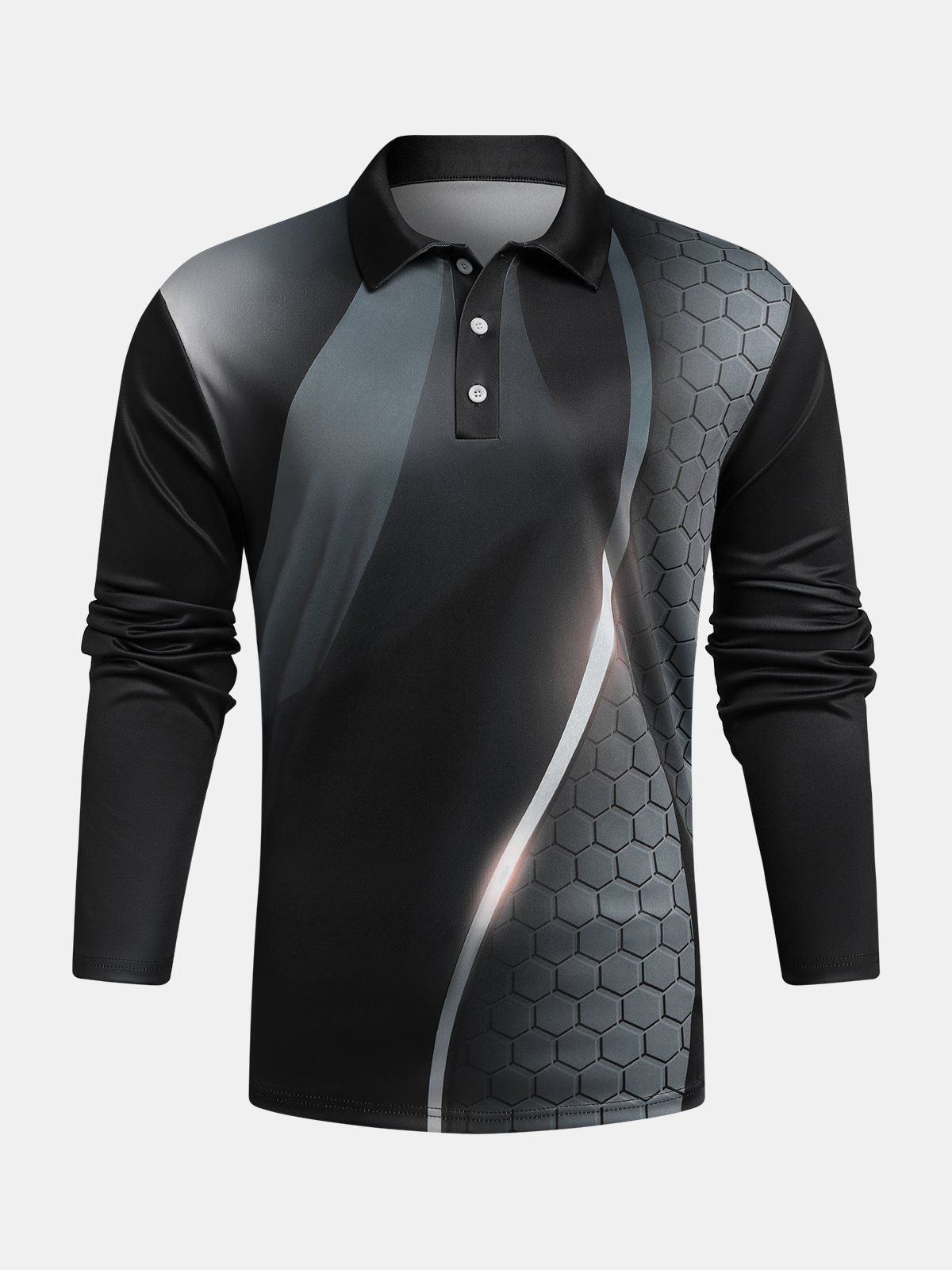 Hardaddy Casual Art Collection 3D Gradient Striped Geometric Block Pattern Lapel Button Long Sleeve Print Polo Shirt
