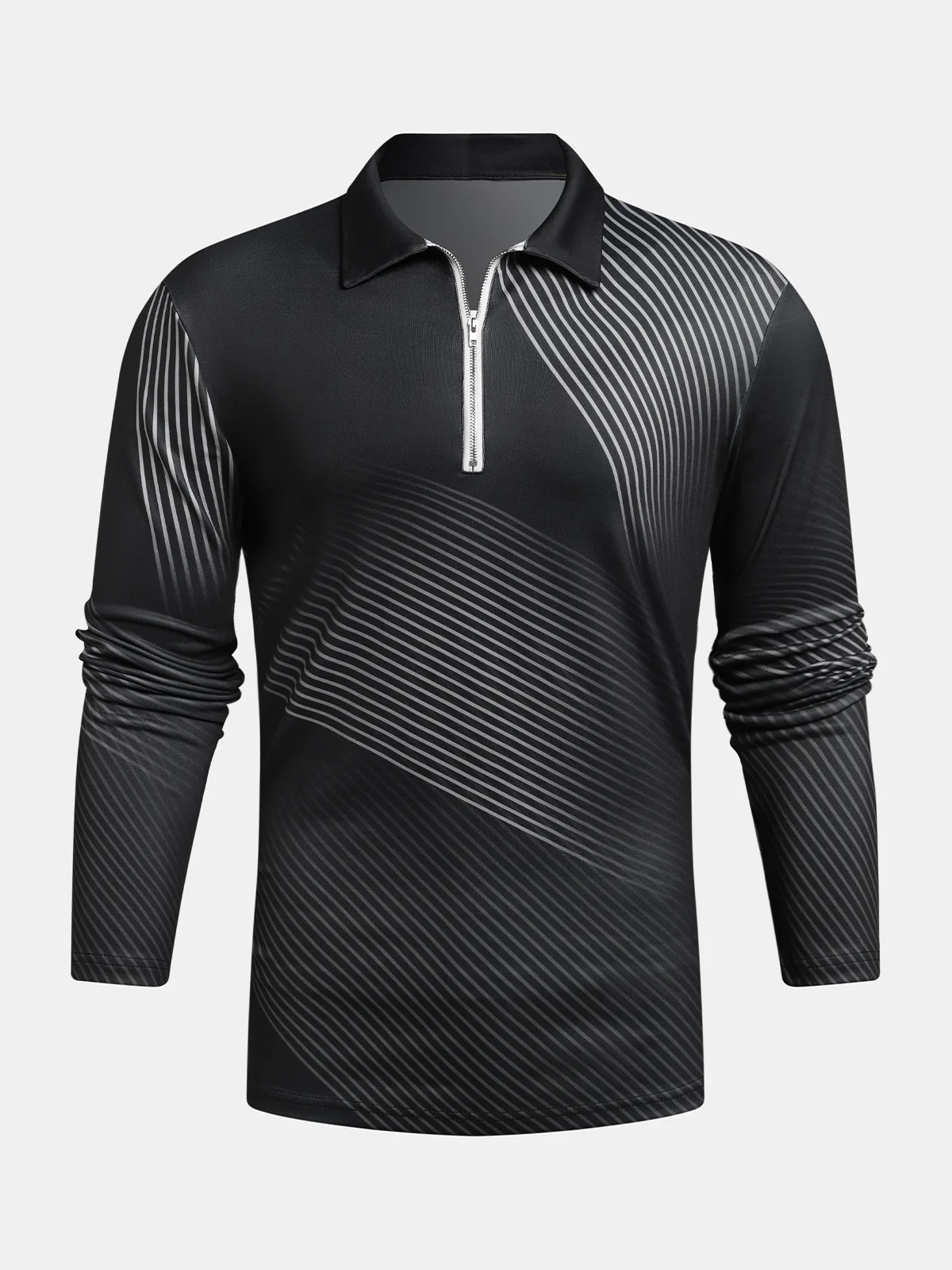 Casual Art Collection 3D Gradient Black Gold Striped Geometric Pattern Lapel Zip Long Sleeve Printed Polo Shirt