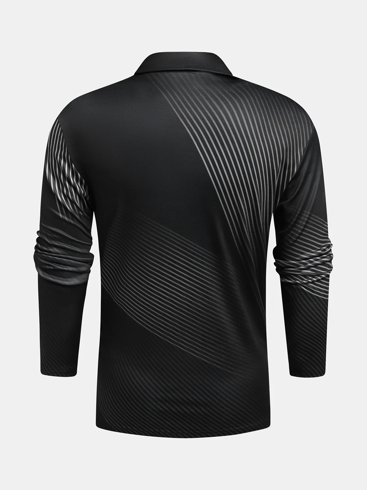 Casual Art Collection 3D Gradient Black Gold Striped Geometric Pattern Lapel Zip Long Sleeve Printed Polo Shirt