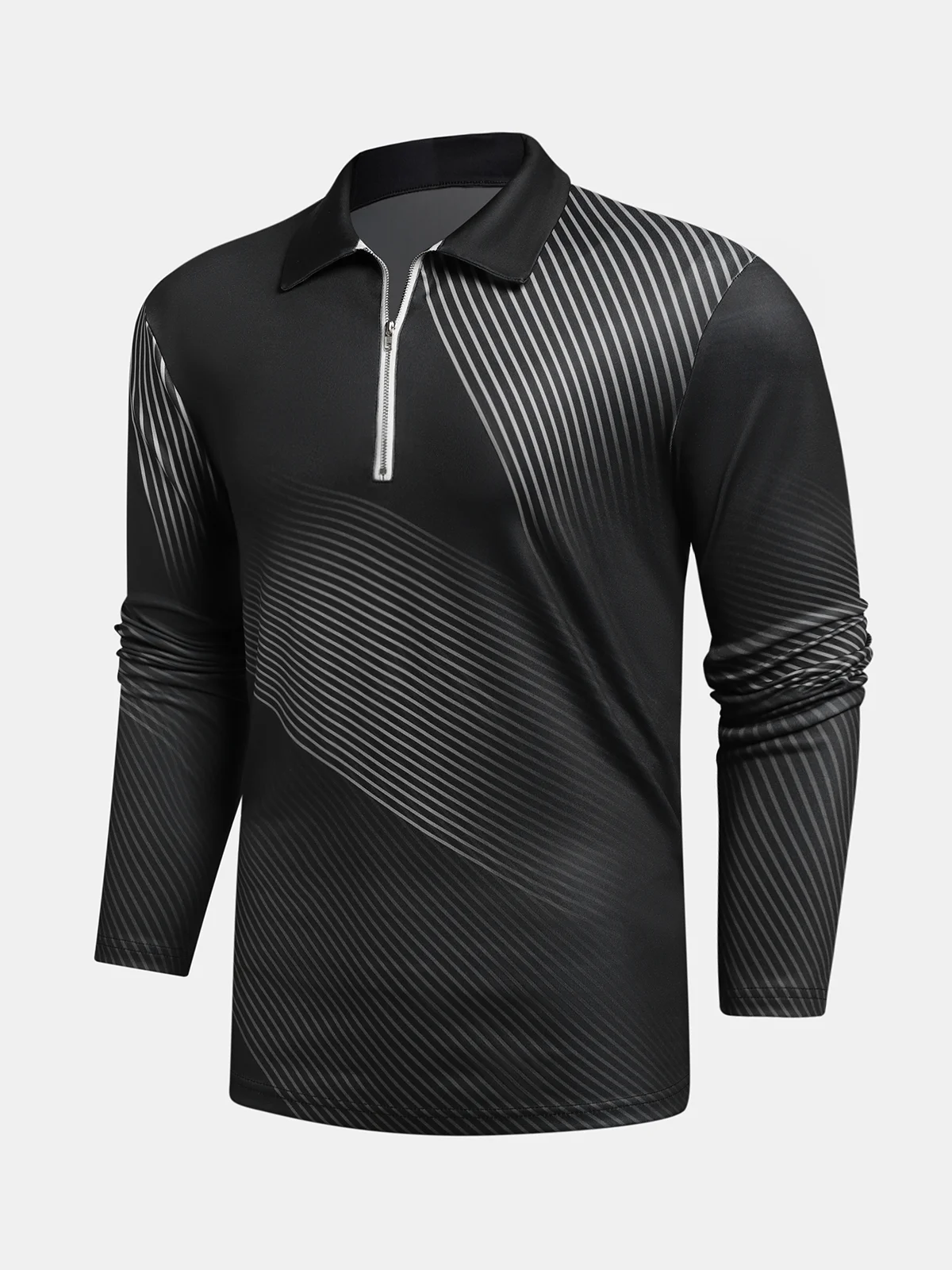 Casual Art Collection 3D Gradient Black Gold Striped Geometric Pattern Lapel Zip Long Sleeve Printed Polo Shirt