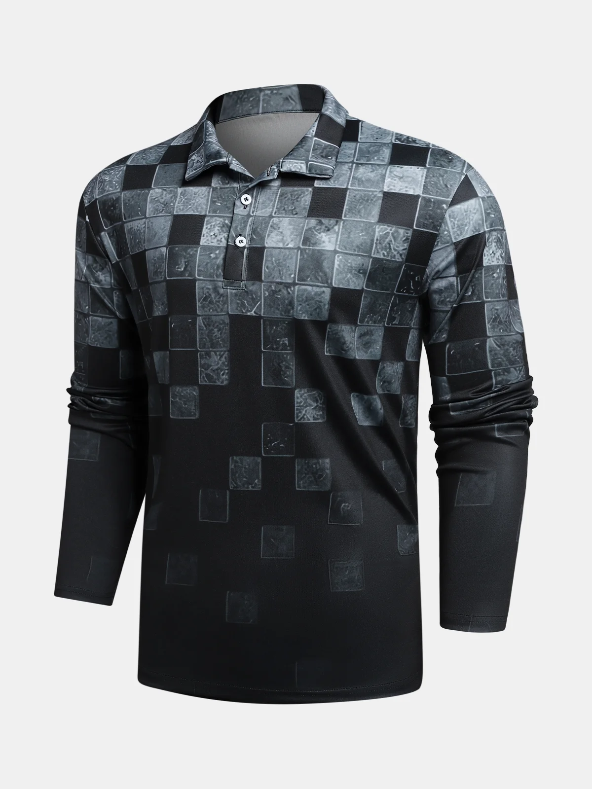 Gradient Geometric Color-Block Button Long Sleeve Polo