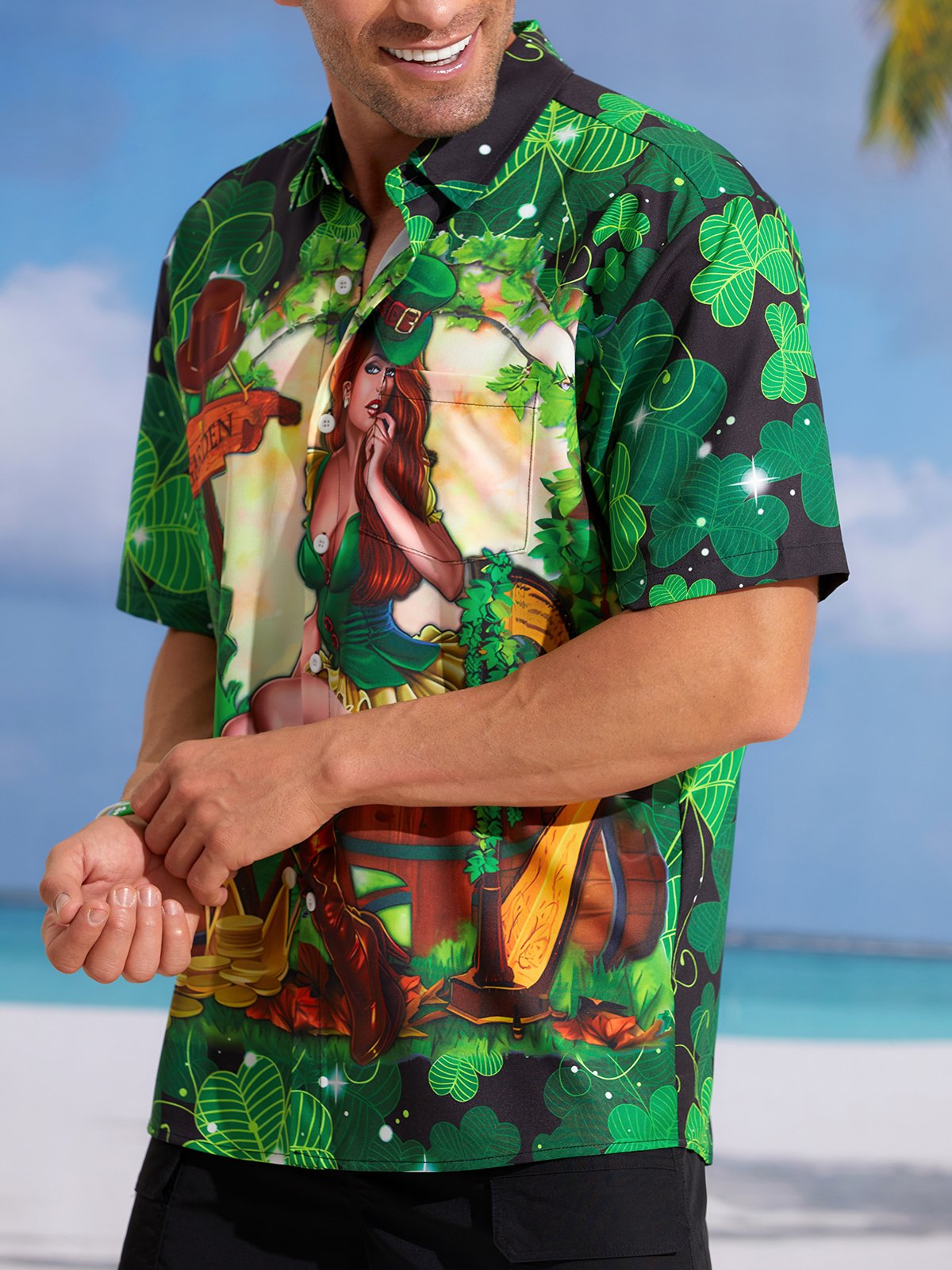 Hardaddy Hawaiian Button Up Shirt for Men Green St. Patrick's Day Lucky Clover Gold Coins Beauty Regular Fit Short Sleeve Shirt St Paddy's Day Shirt