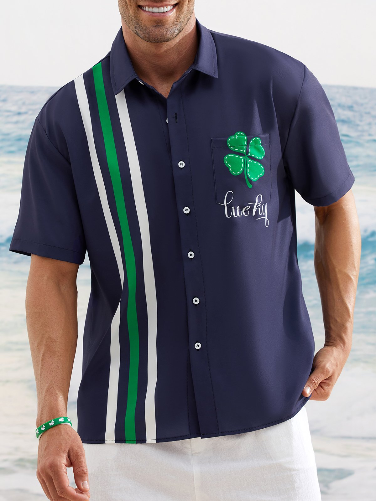 Hardaddy Hawaiian Button Up Shirt for Men Blue St. Patrick's Day Lucky Clover Regular Fit Short Sleeve Bowling Shirt St Paddy's Day Shirt