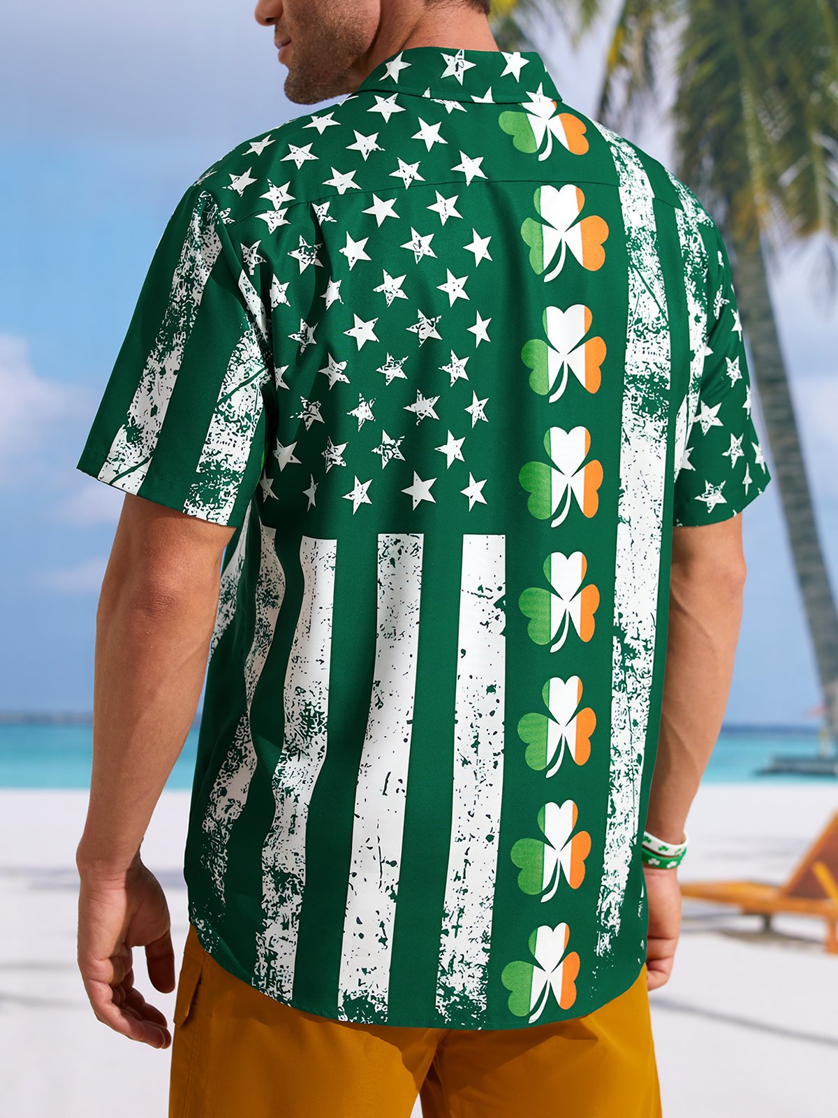 Hardaddy Hawaiian Button Up Shirt for Men Green St. Patrick's Day Lucky Clover American Flag Sharmark Regular Fit Short Sleeve Shirt St Paddy's Day Shirt