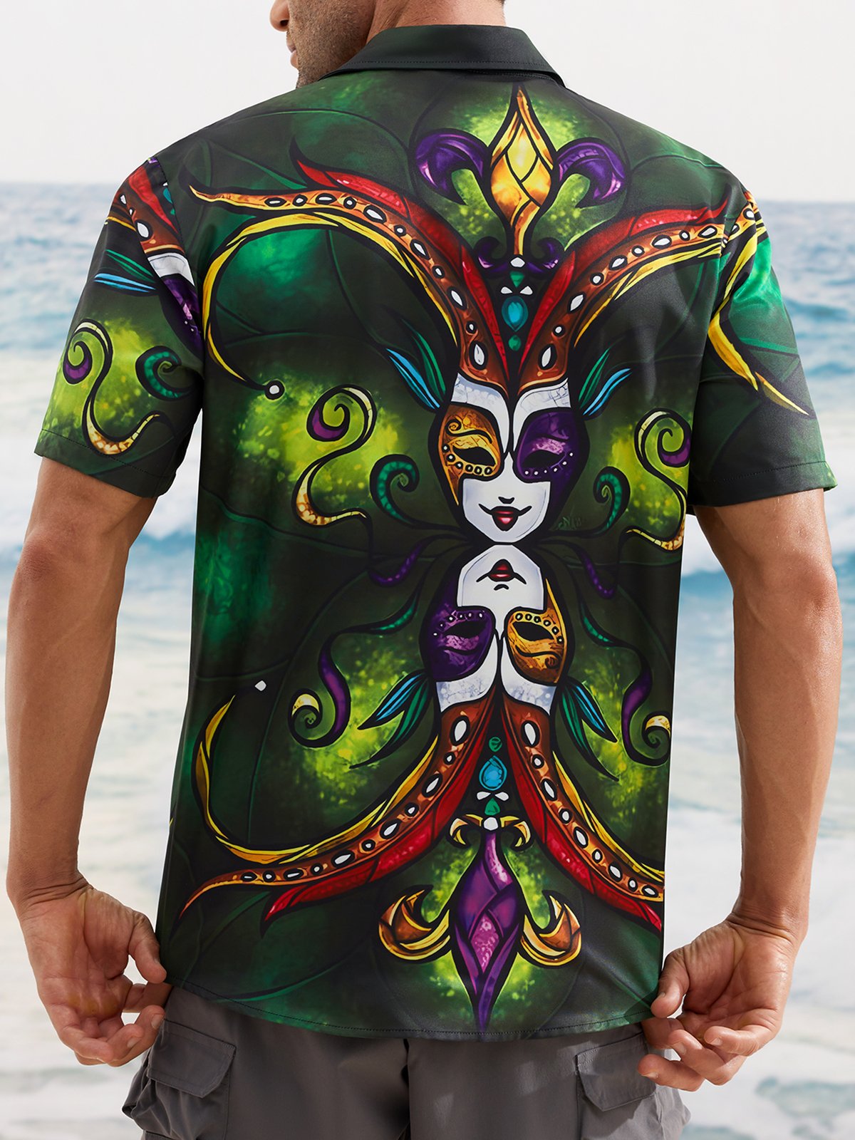 Mardi Gras Mask Chest Pocket Short Sleeve Casual Shirt