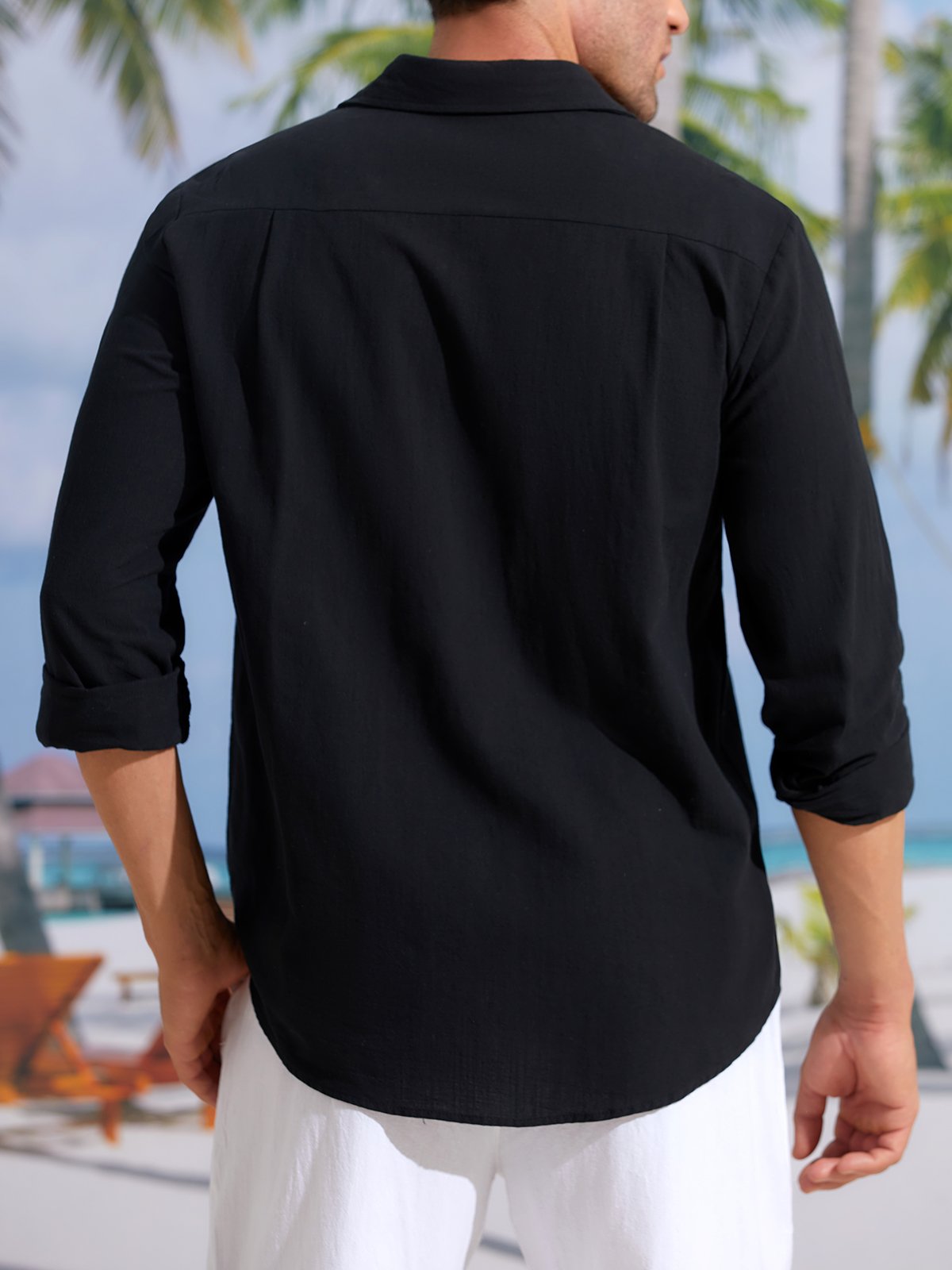 Men's Cotton Linen Casual Pocket Long Sleeve Shirt