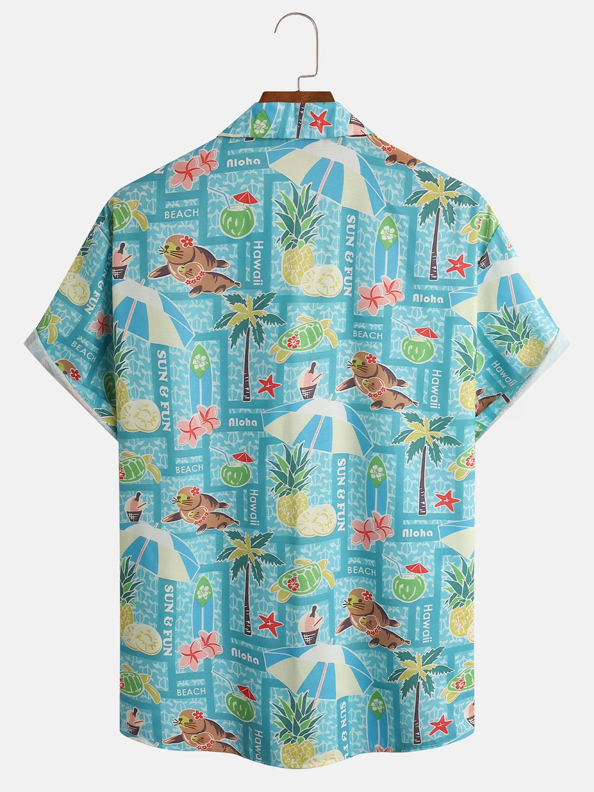 Coconut Tree Seal Print Chest Pocket Short Sleeve Resort Shirt