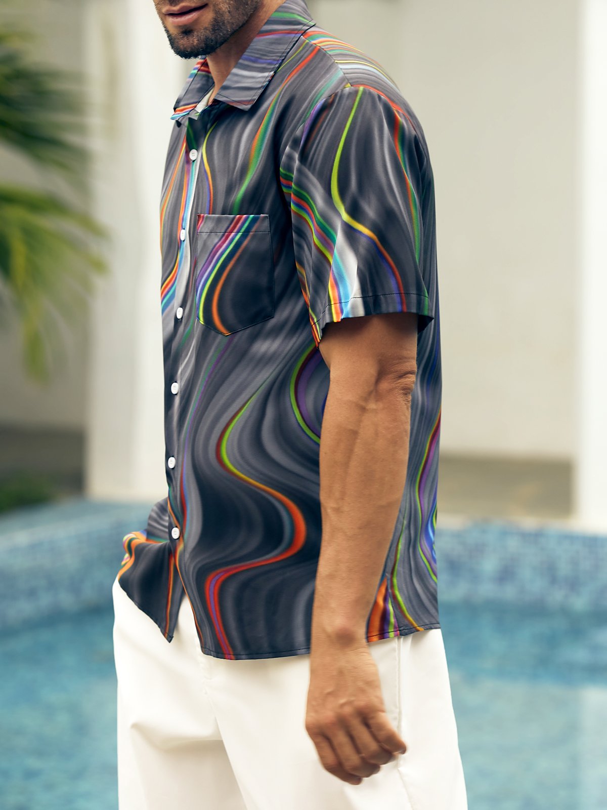 Hardaddy Mens 3D Abstract Print Casual Breathable Chest Pocket Short Sleeve Hawaiian Shirt