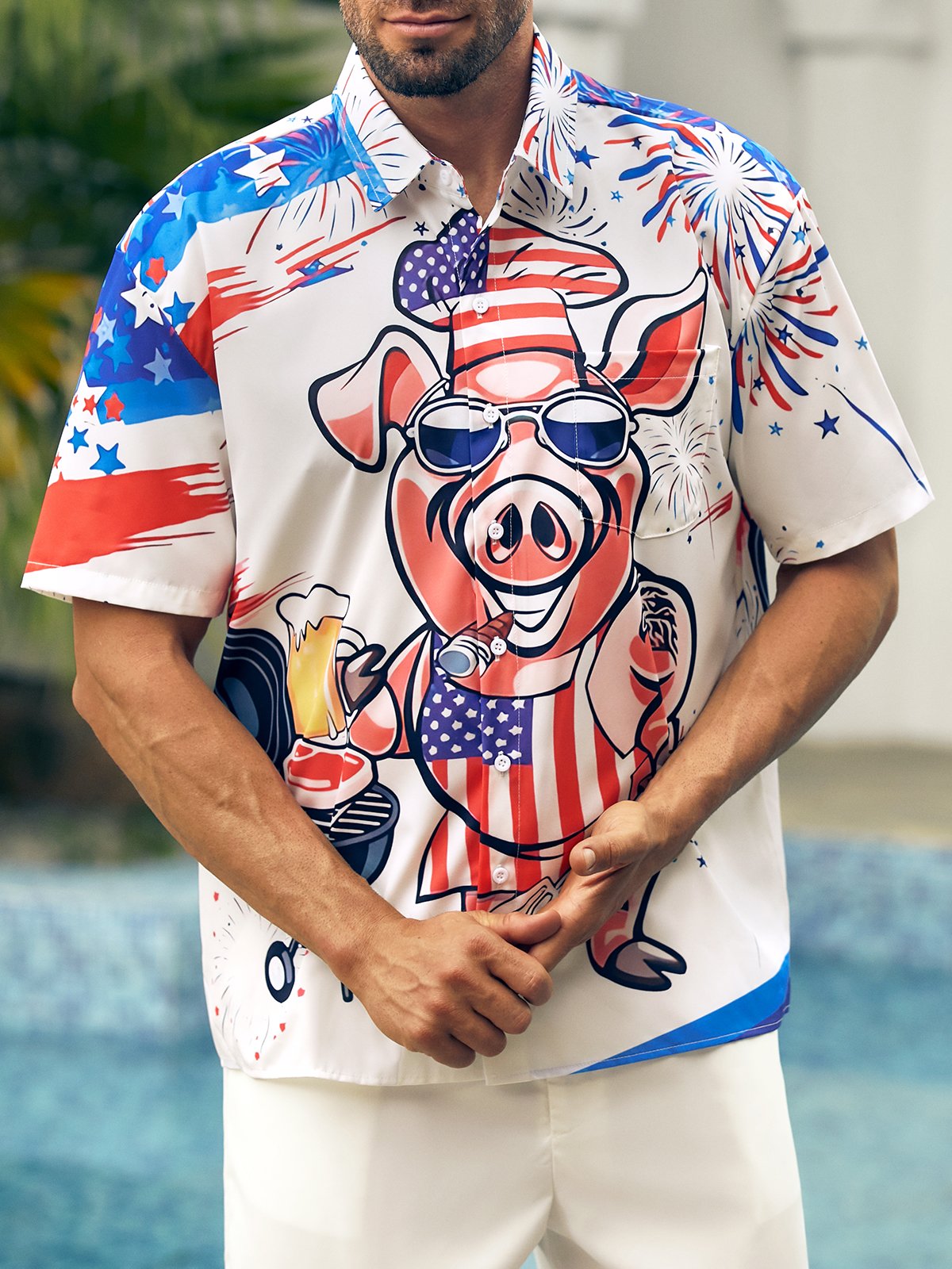 American Flag Mr Pig Cook Chest Pocket Short Sleeve Casual Shirt