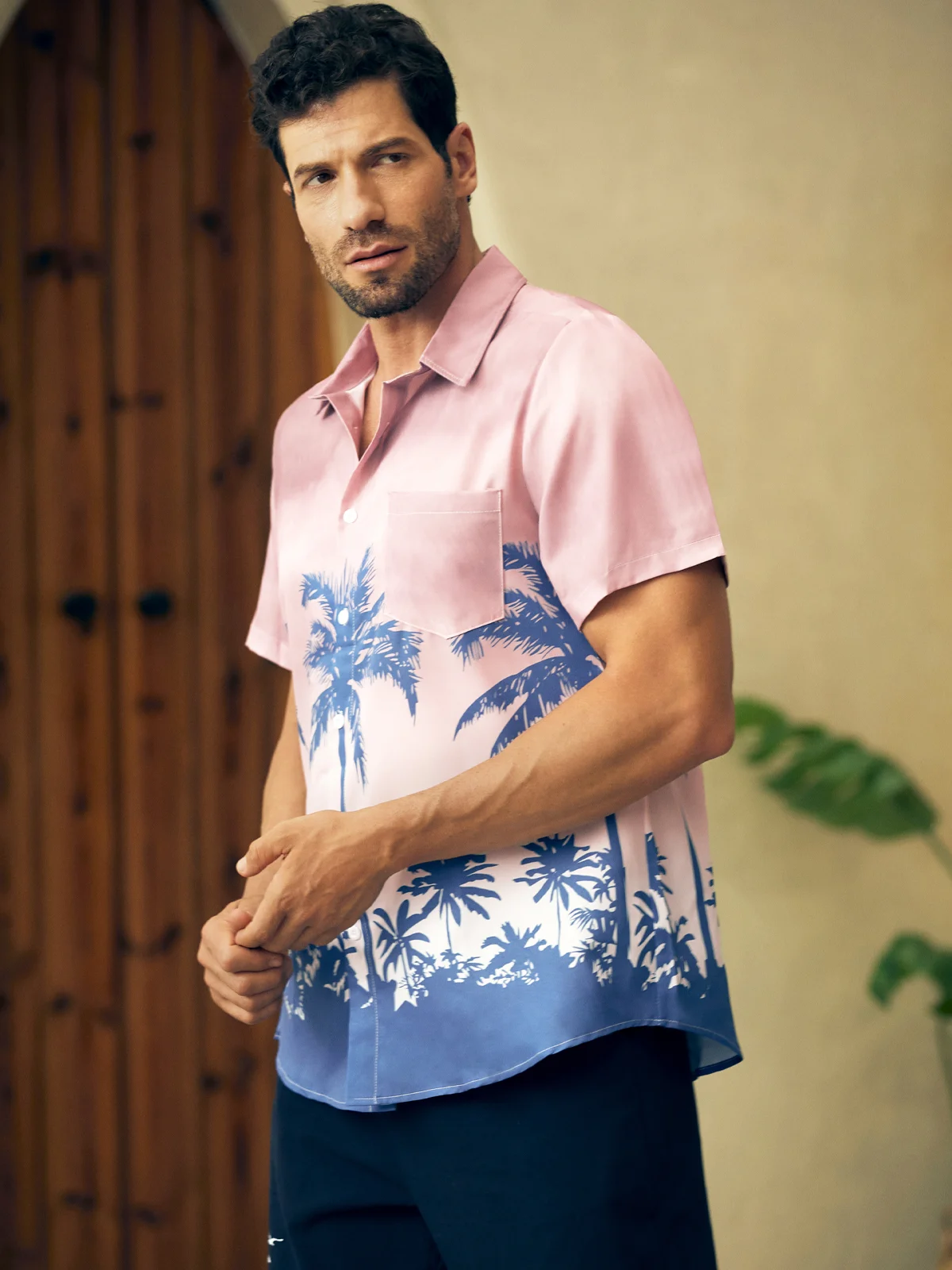 Mens Coconut Tree Printed Casual Breathable Hawaiian Short Sleeve Shirt