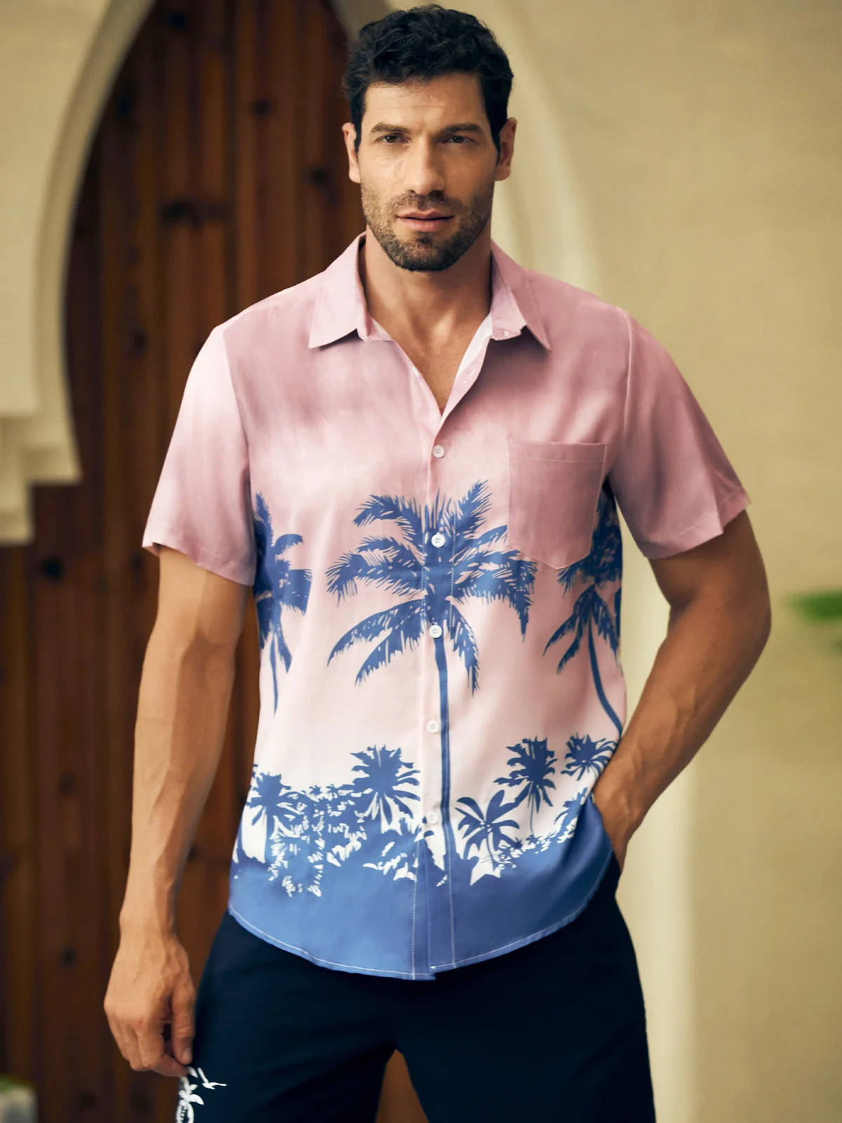 Mens Coconut Tree Printed Casual Breathable Hawaiian Short Sleeve Shirt