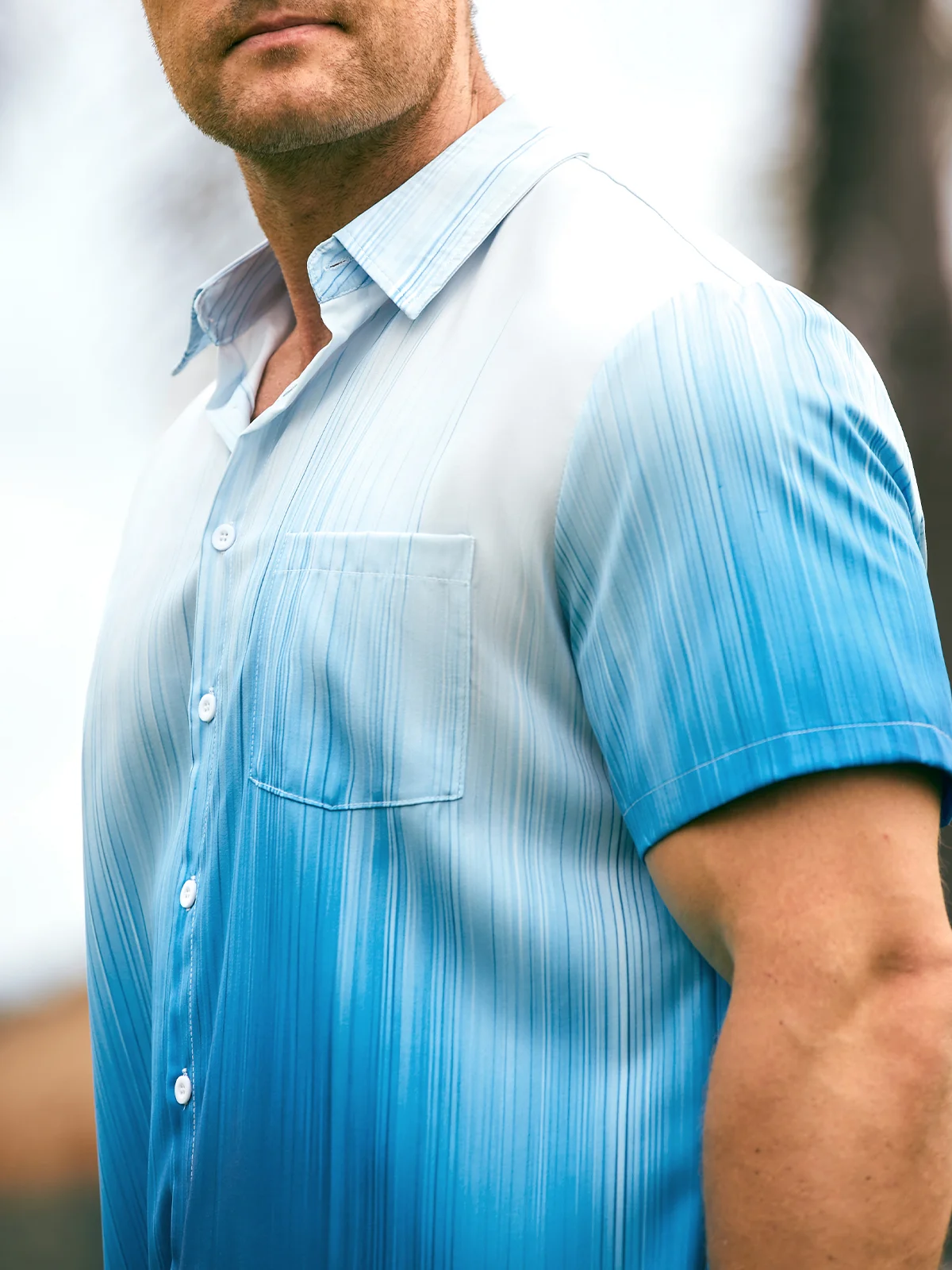Hardaddy Mens Ombre Gradient Print Front Buttons Soft Breathable Chest Pocket Casual Hawaiian Shirt
