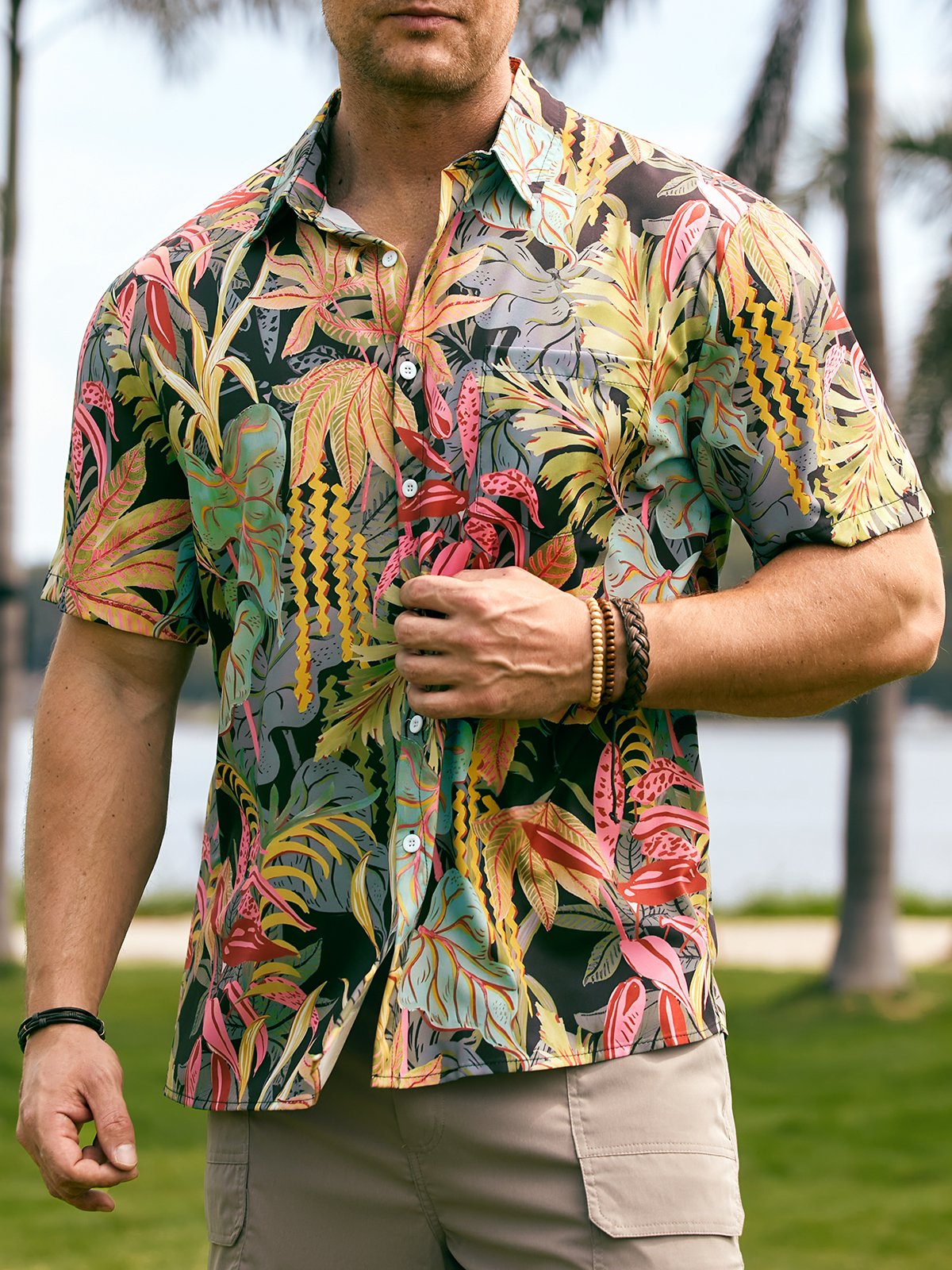 Hardaddy Men's Botanical Print Casual Breathable Short Sleeve Hawaiian Shirt