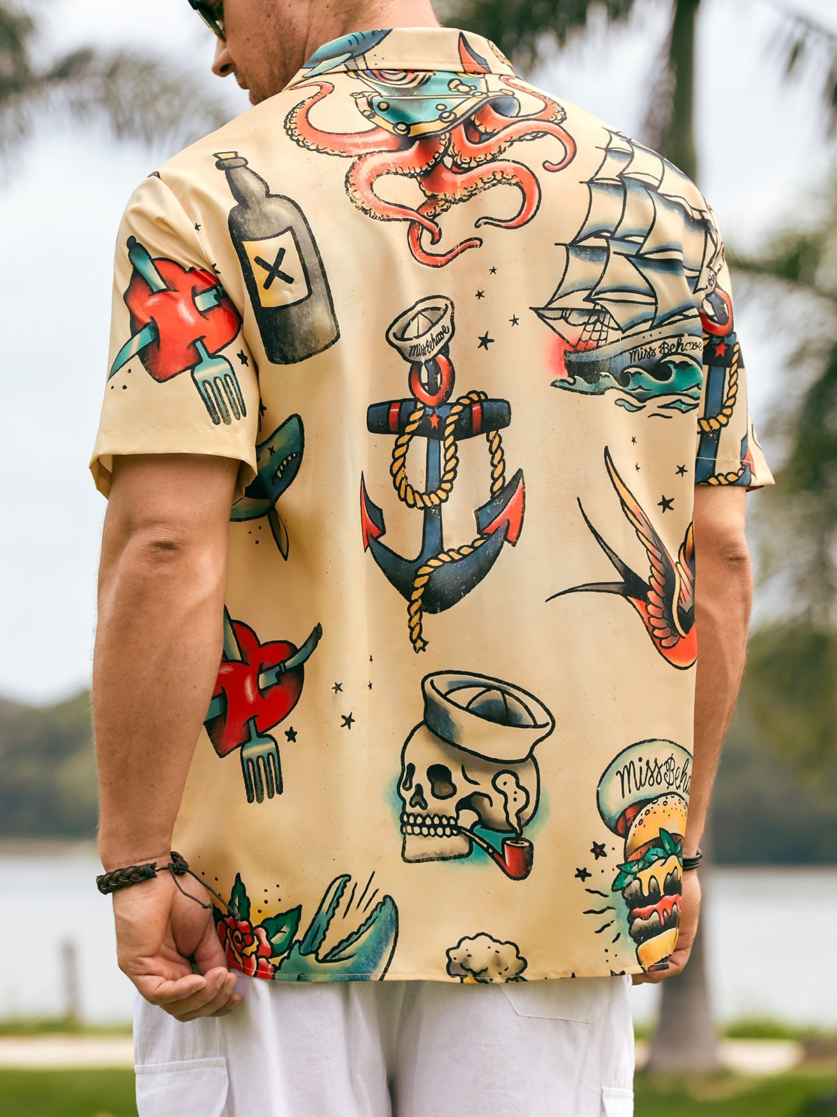 Mens Hawaiian Sailing Print Camp Collar Loose Short Sleeve Funky Hawaiian Shirt