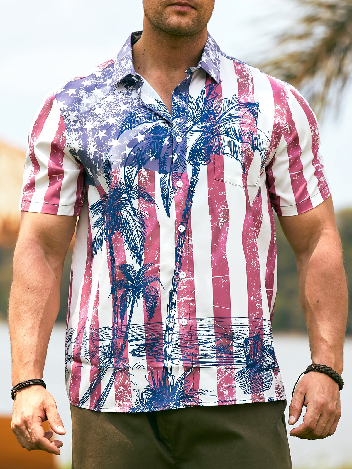 Hardaddy American Flag Coconut Tree Chest Pocket Short Sleeve Hawaiian Shirt