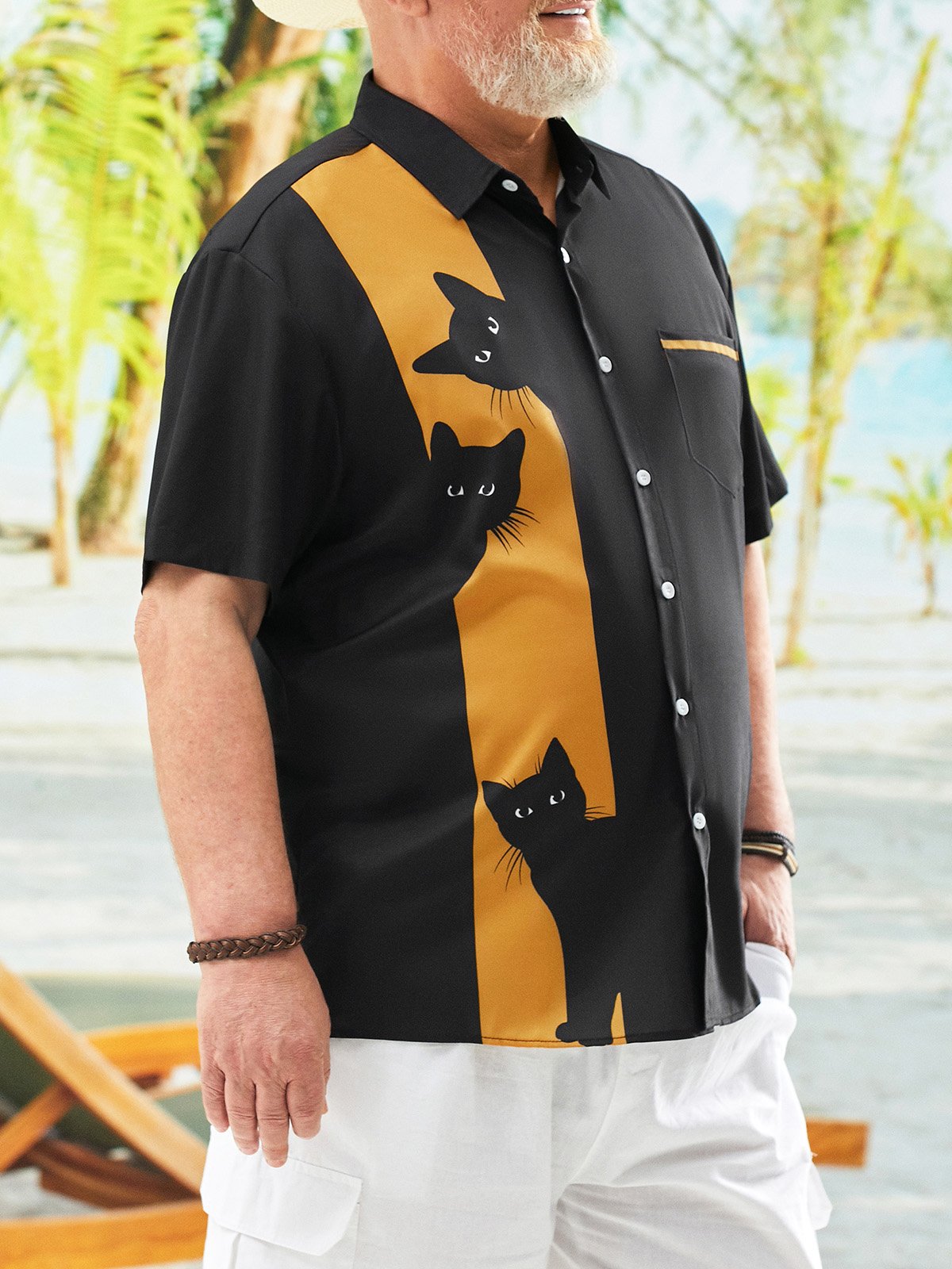 Hardaddy Big Size Cat Chest Pocket Short Sleeve Bowling Shirt