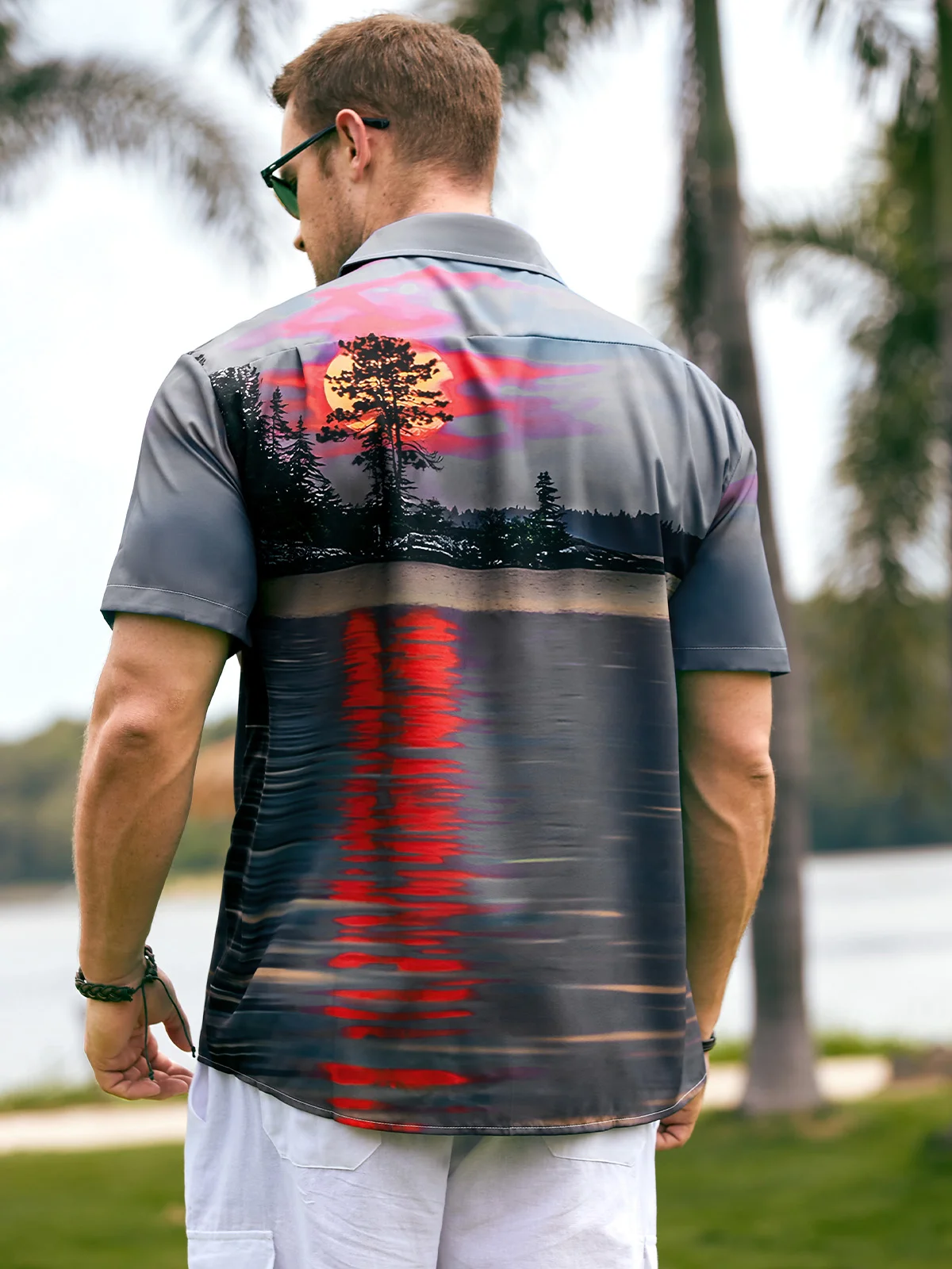 Vacation Style Hawaiian Series Sunset Gradient Sky Scenery Element Pattern Lapel Short-Sleeved Shirt Print Top