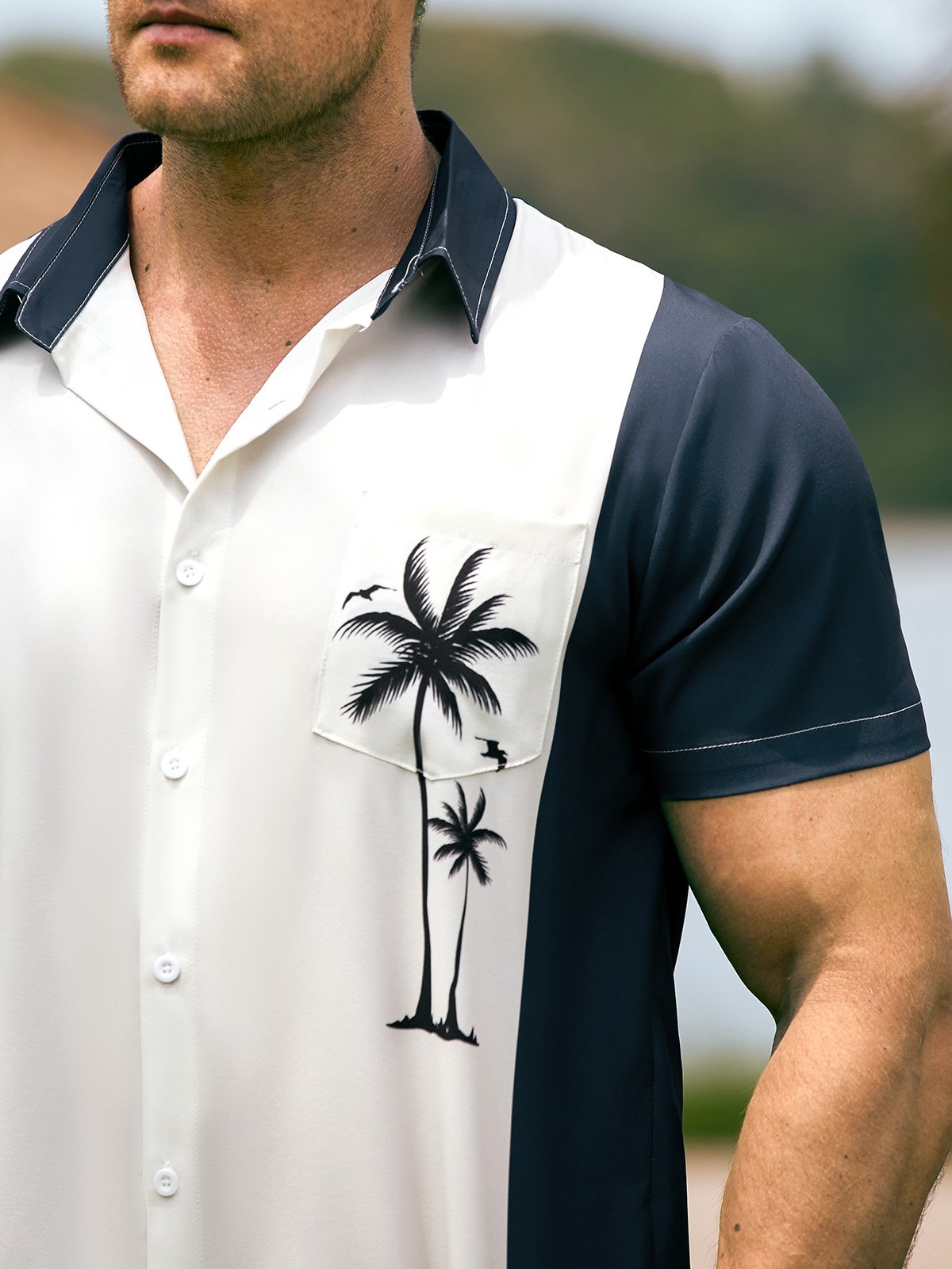 Hardaddy Mens Billiard Shirt Coconut Tree Print Breathable Casual Hawaiian Shirt