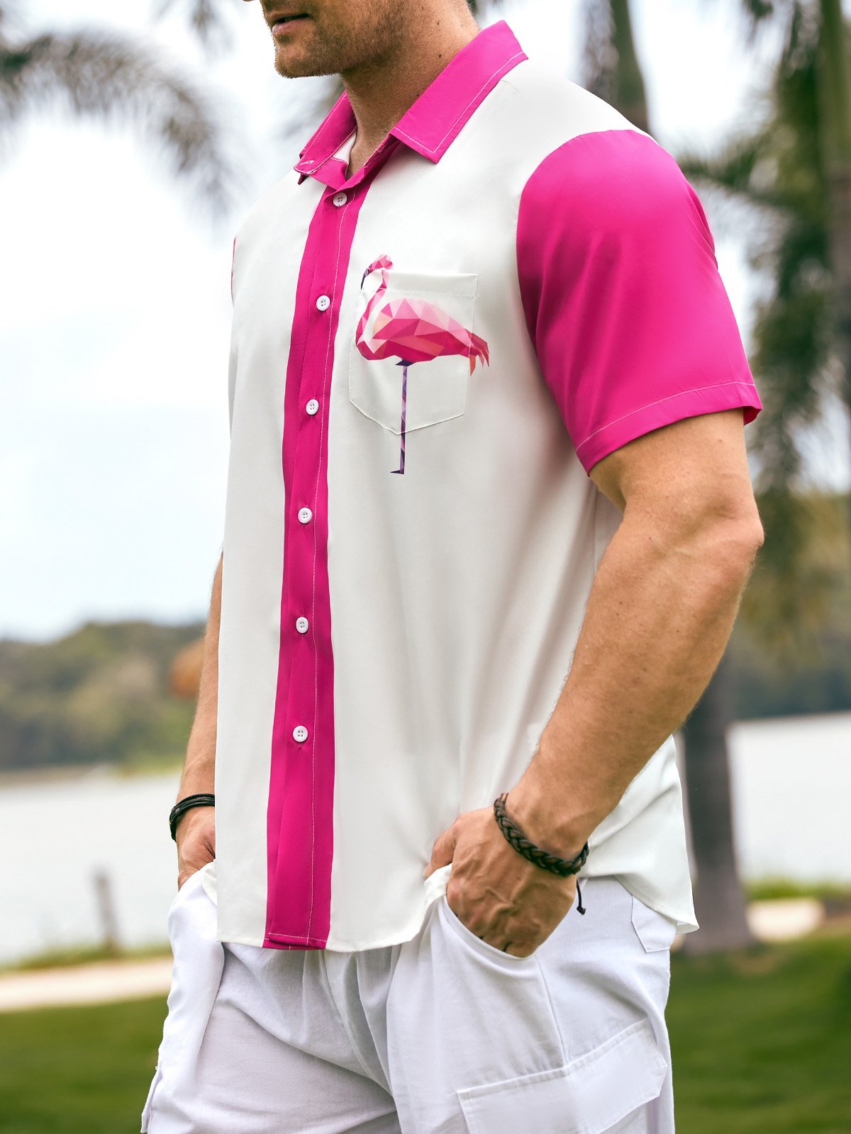 Hardaddy Pink Flamingo Graphic Men's Casual Short Sleeve Hawaiian Shirt