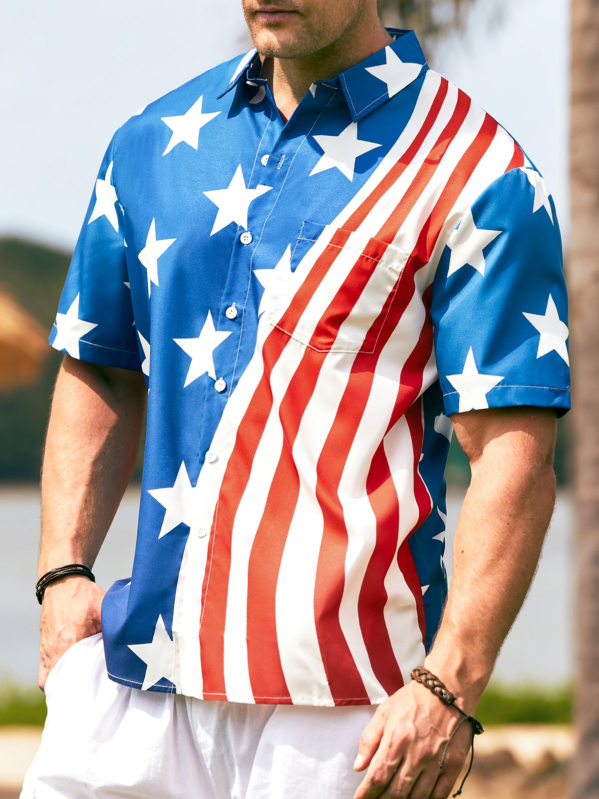 Hardaddy Mens American Flag Casual Breathable Chest Pocket Short Sleeve Hawaiian Shirt