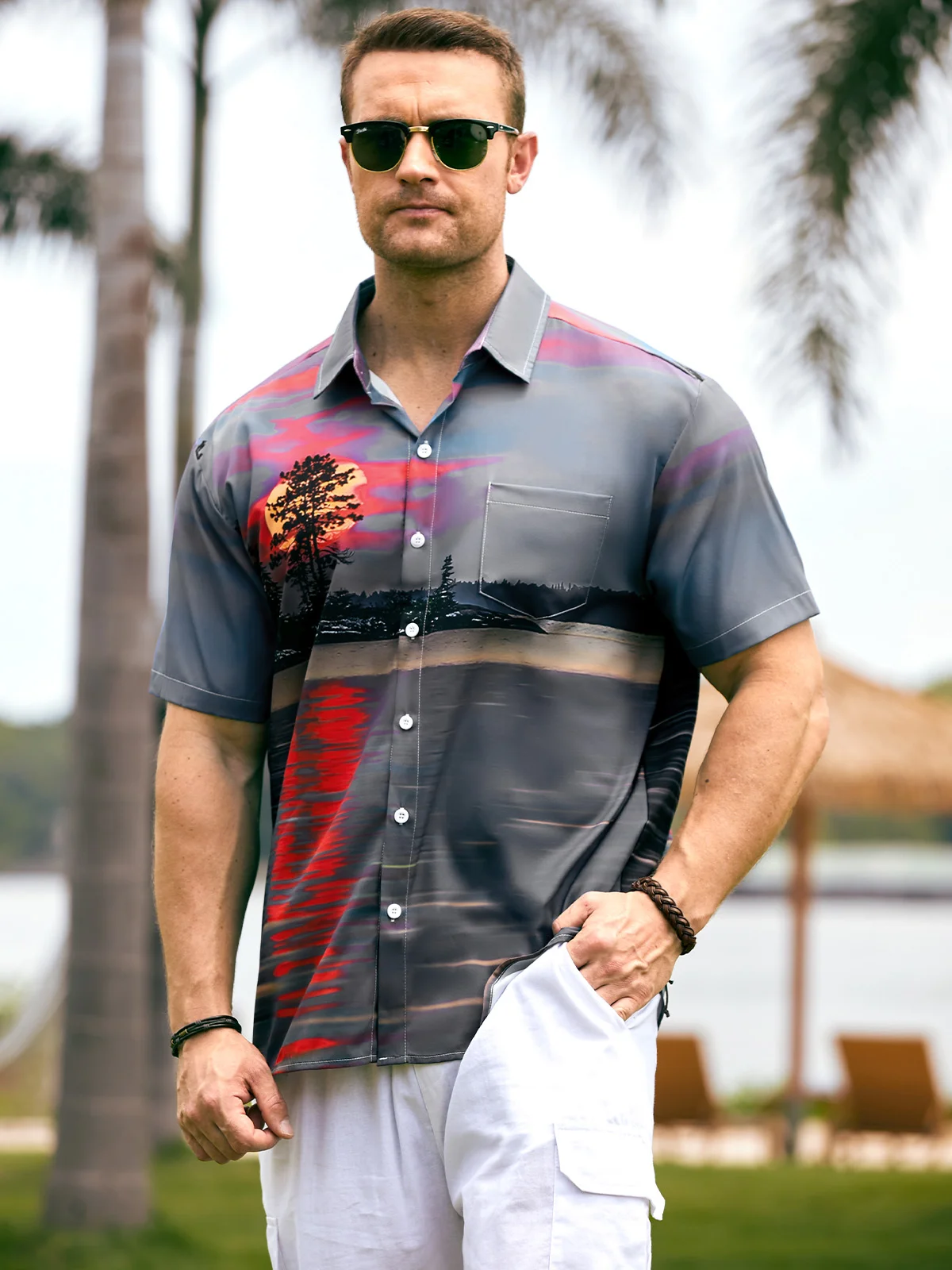 Vacation Style Hawaiian Series Sunset Gradient Sky Scenery Element Pattern Lapel Short-Sleeved Shirt Print Top