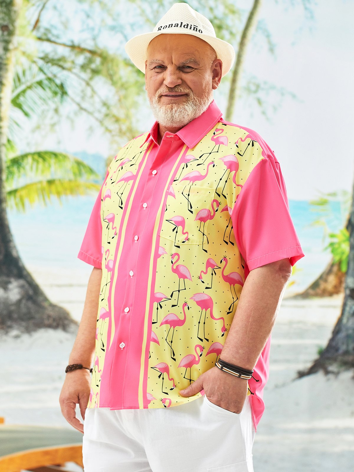 Hardaddy Big Size Flamingo Chest Pocket Short Sleeve Bowling Shirt