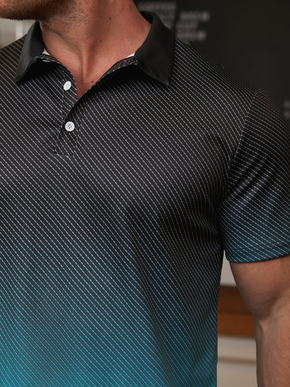Hardaddy Black-green Abstract Gradient Geometric Regular Fit Button Short Sleeve Golf Polo Shirt