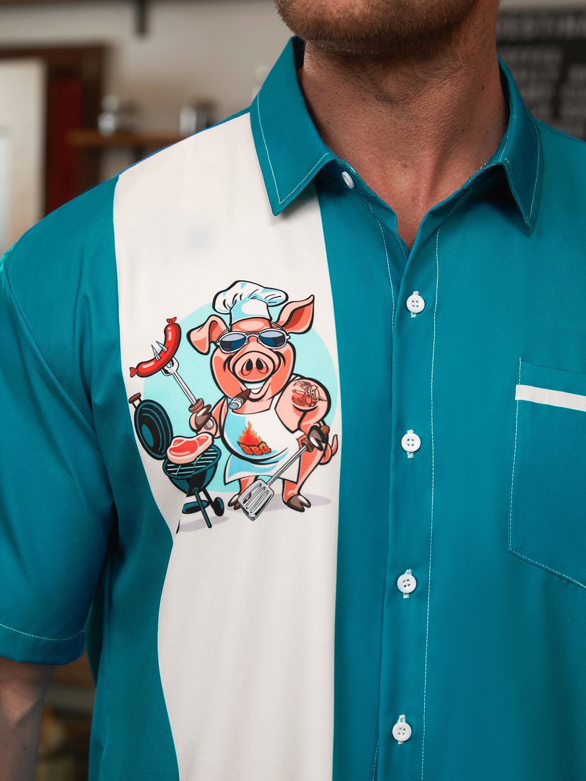 Hardaddy BBQ Pig Cooker Chest Pocket Short Sleeve Casual Shirt