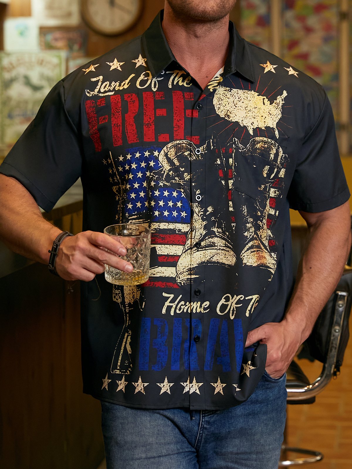 Veterans American Flag Chest Pocket Short Sleeve Shirt