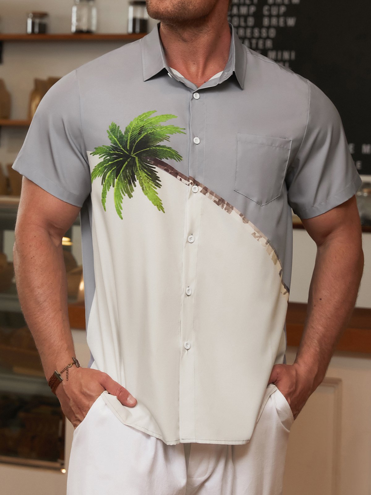 Men's Contrast Palm Tree Print Shirt