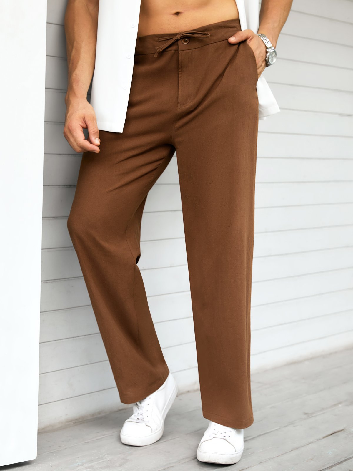 Plain Cotton Drawstring Waist Straight Pants