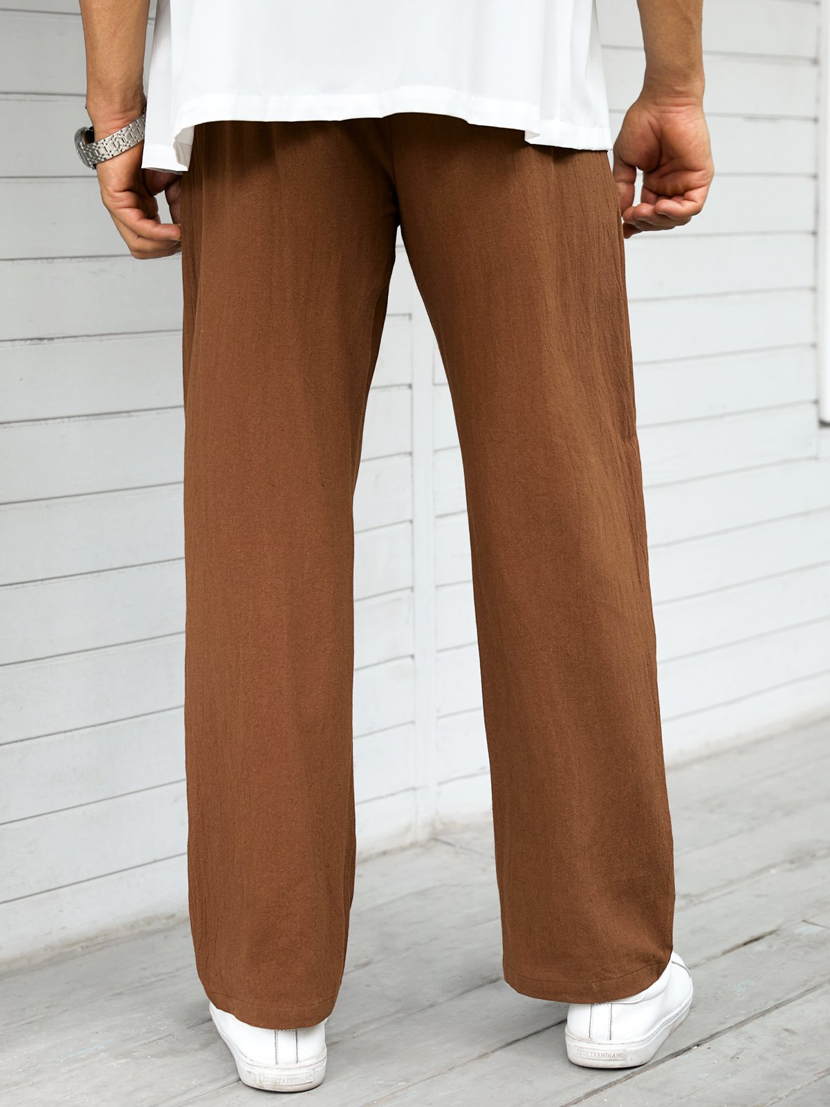 Plain Cotton Drawstring Waist Straight Pants