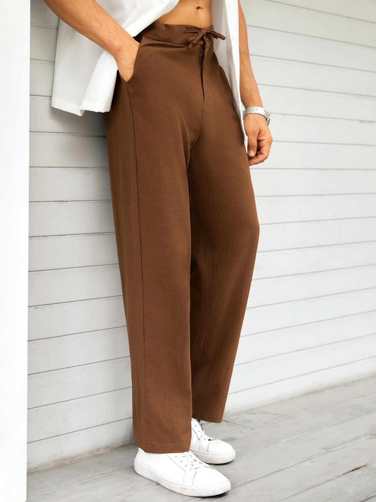 Plain Cotton Drawstring Waist Straight Pants