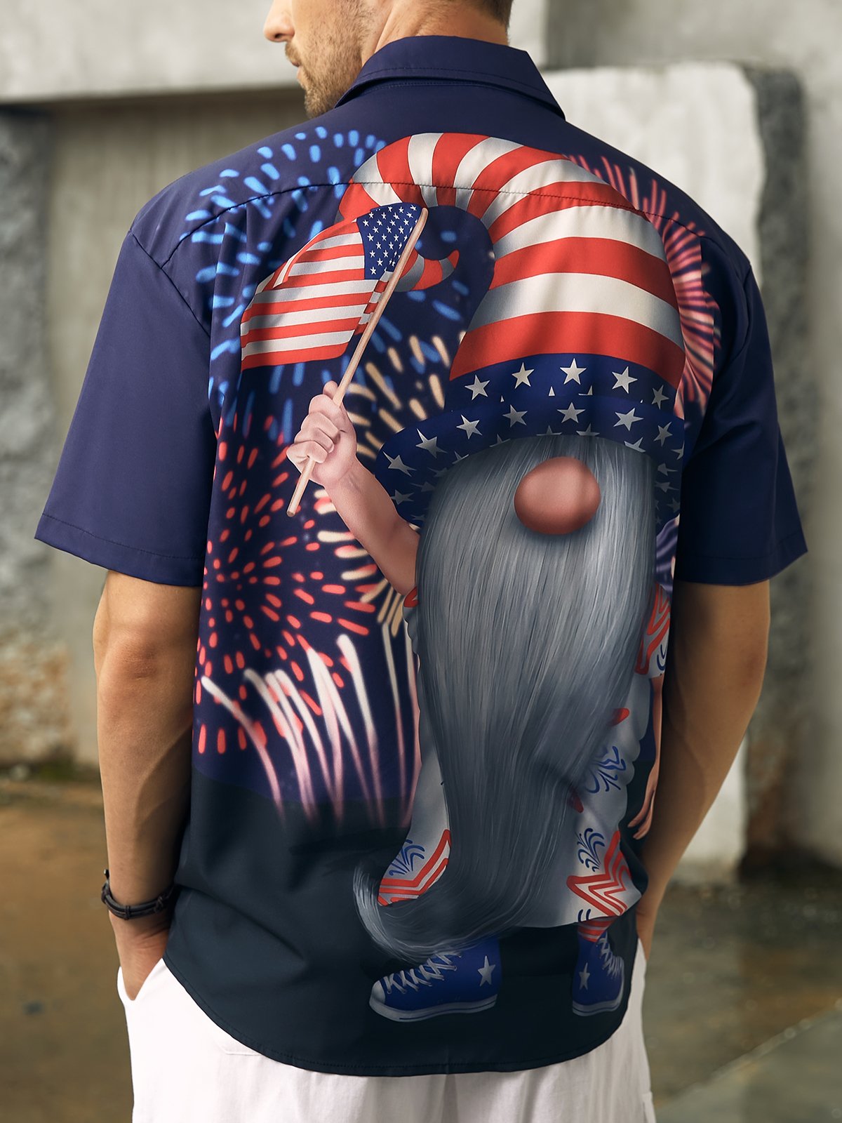 Hardaddy American Flag Gnome Chest Pocket Short Sleeve Casual Shirt