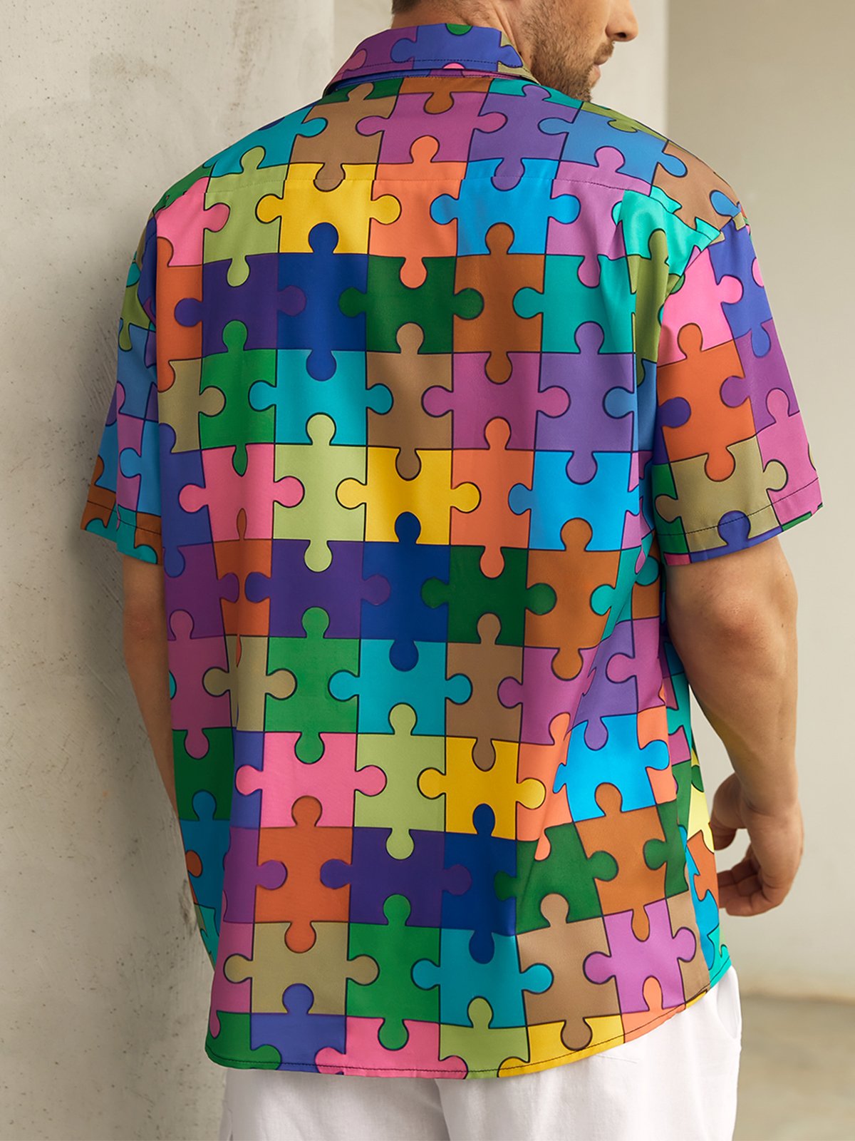 Gradient Color Puzzle Chest Pocket Short Sleeve Casual Shirt