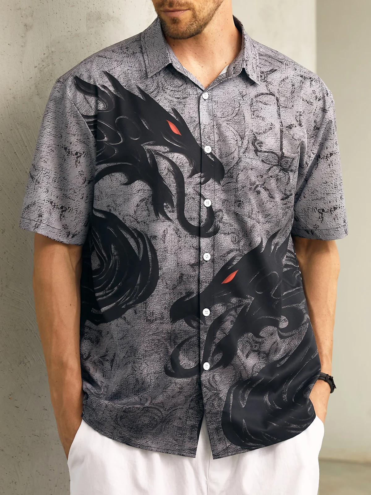 Dragon Chest Pocket Short Sleeve Casual Shirt