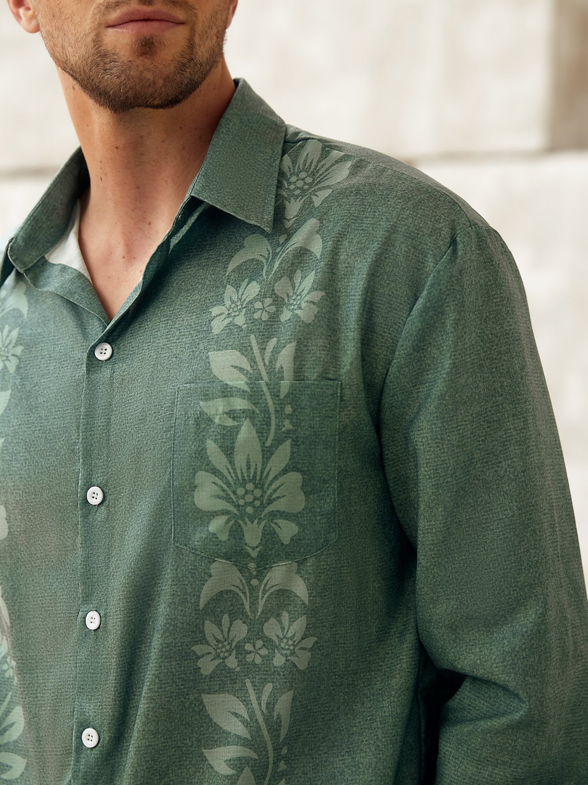 Floral Chest Pocket Long Sleeve Guayabera Shirt