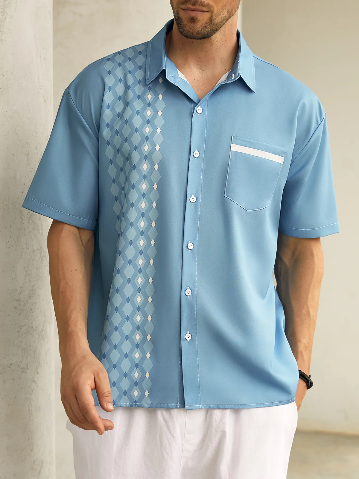 Diamond Striped Chest Pocket Short Sleeve Casual Shirt