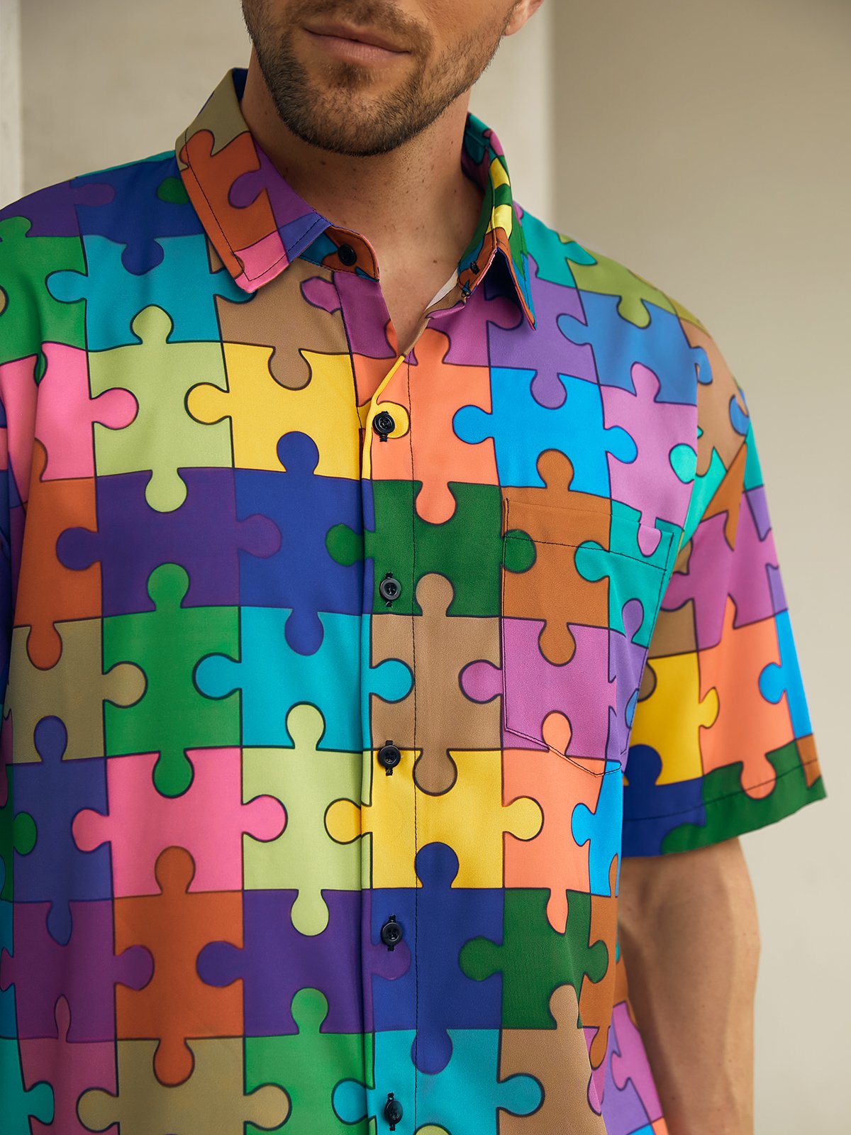 Gradient Color Puzzle Chest Pocket Short Sleeve Casual Shirt