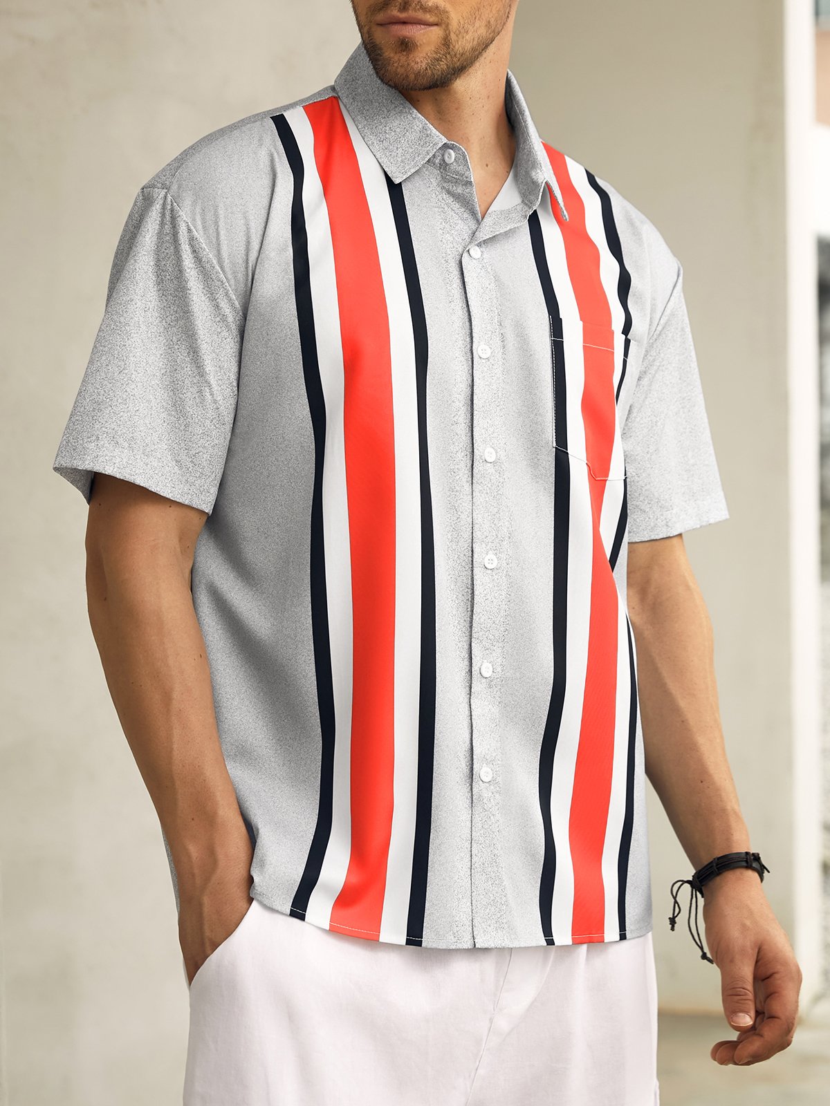 Hardaddy Striped Chest Pocket Short Sleeve Bowling Shirt