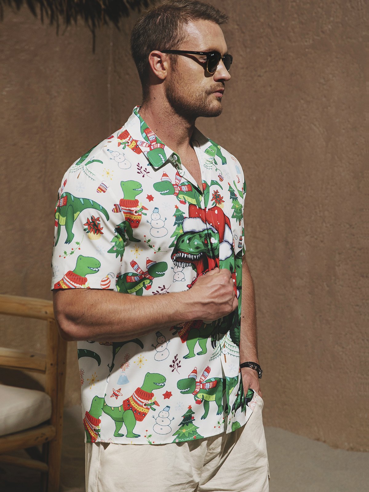 Hardaddy Men's Christmas Dinosaur Print Short Sleeve Hawaiian Shirt with Chest Pocket