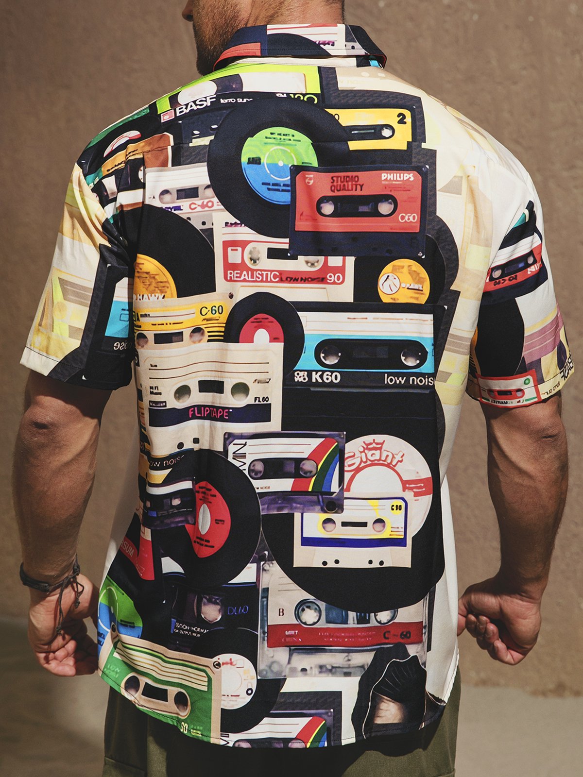 Music Magnetic Tape Chest Pocket Short Sleeve Casual Shirt