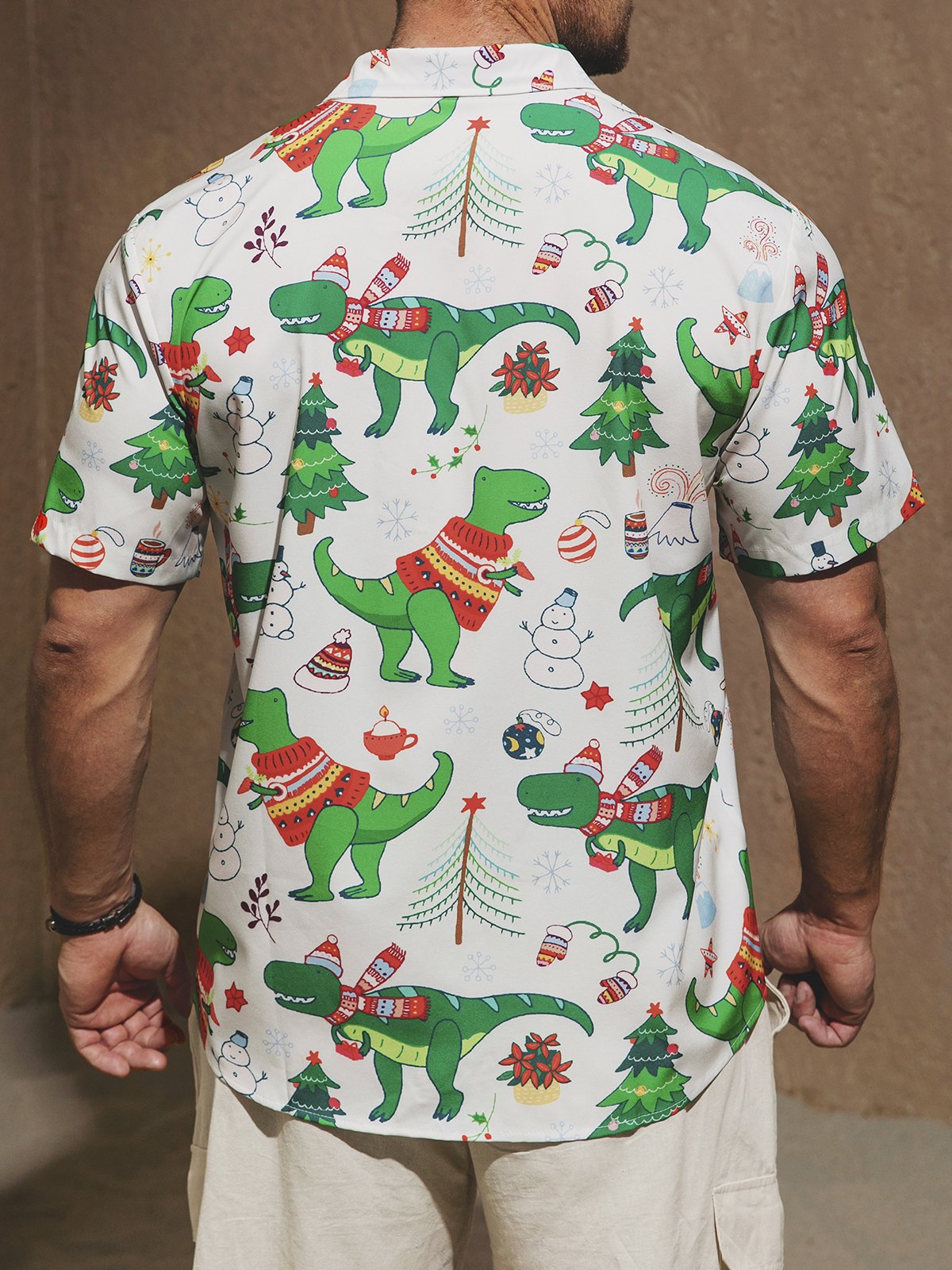 Hardaddy Men's Christmas Dinosaur Print Short Sleeve Hawaiian Shirt with Chest Pocket