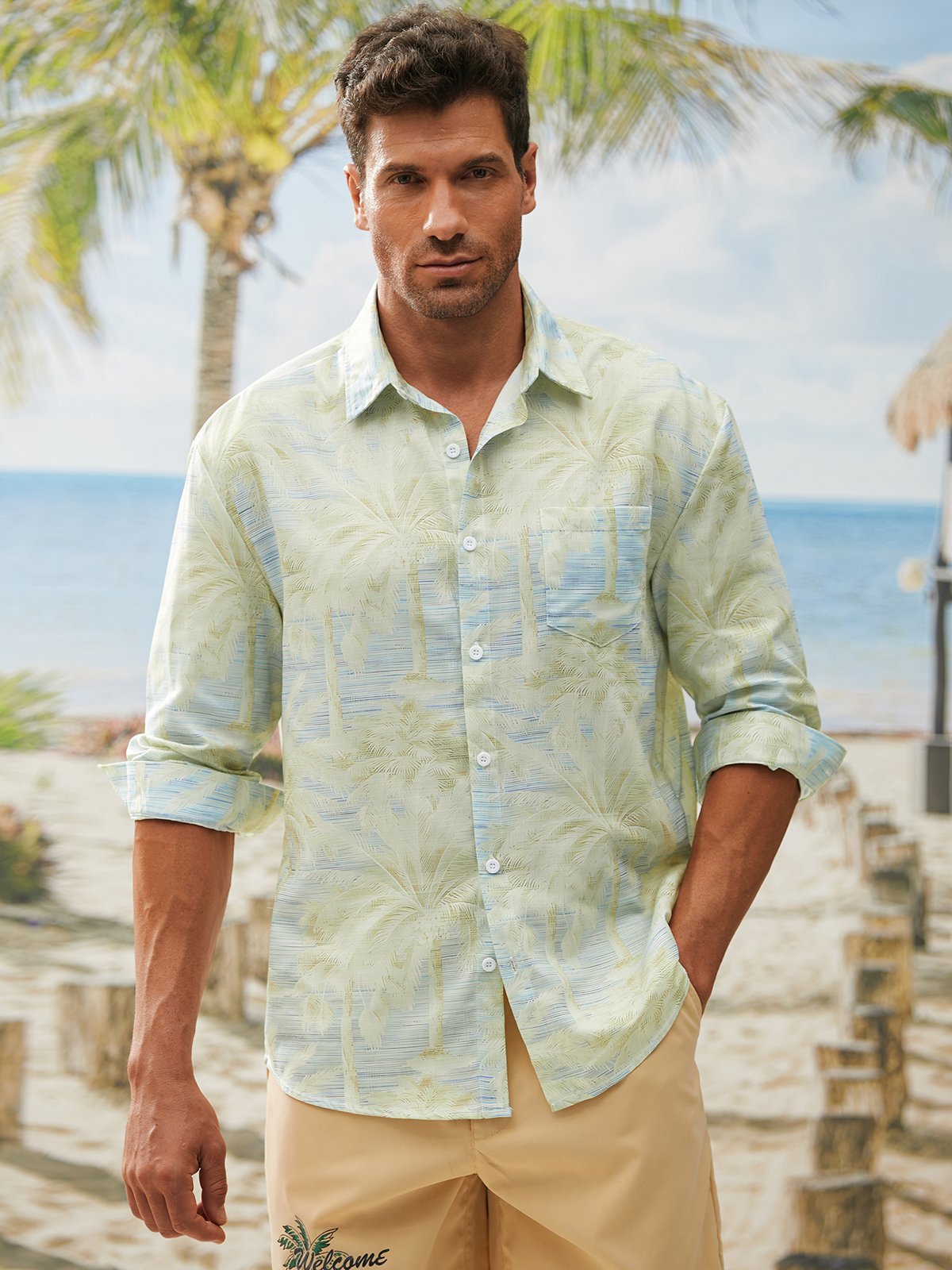 Hardaddy Palm Tree Chest Pocket Long Sleeve Hawaiian Shirt