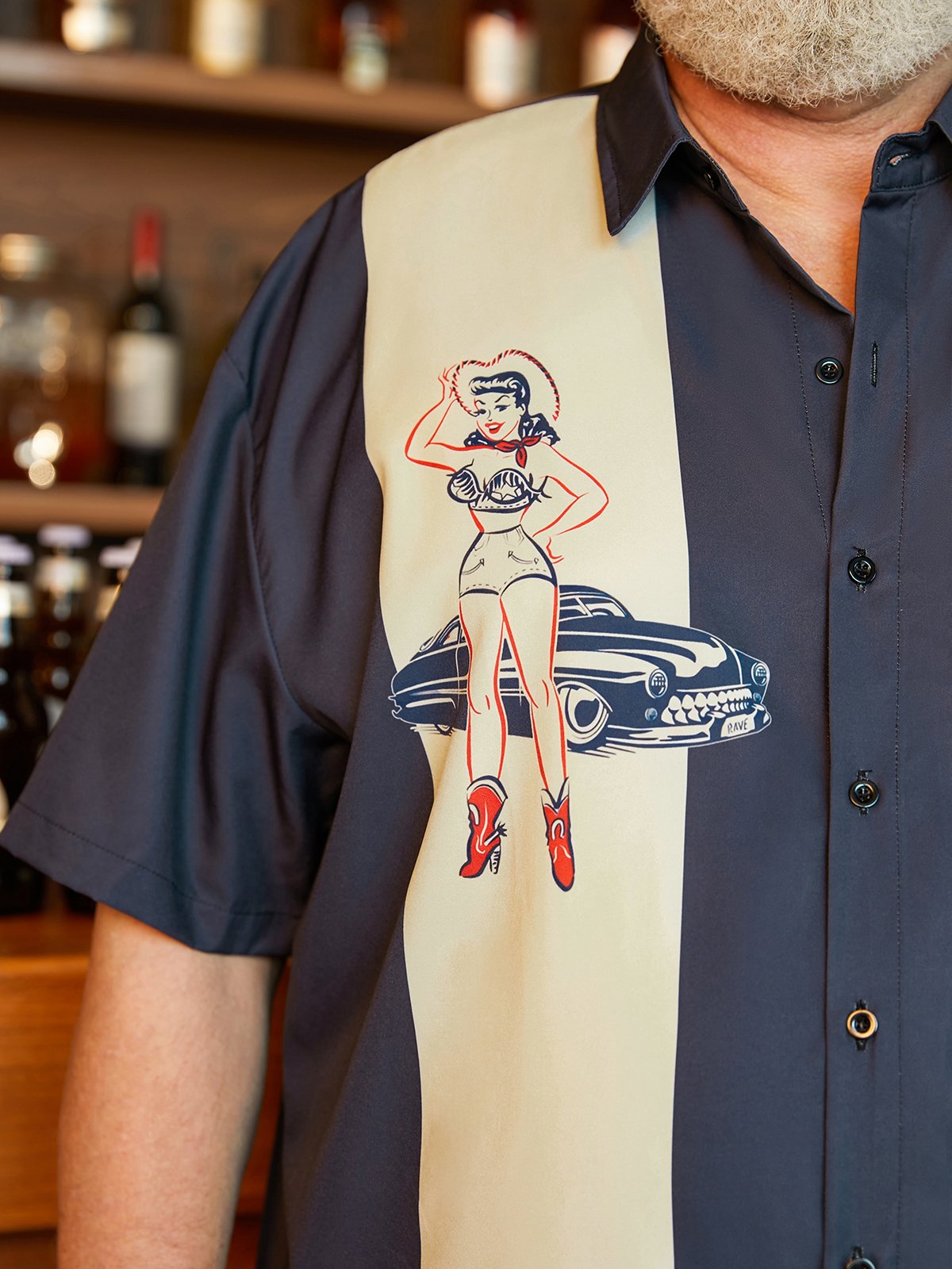 Hardaddy Big Size Vintage Girl Car Chest Pocket Short Sleeve Bowling Shirt