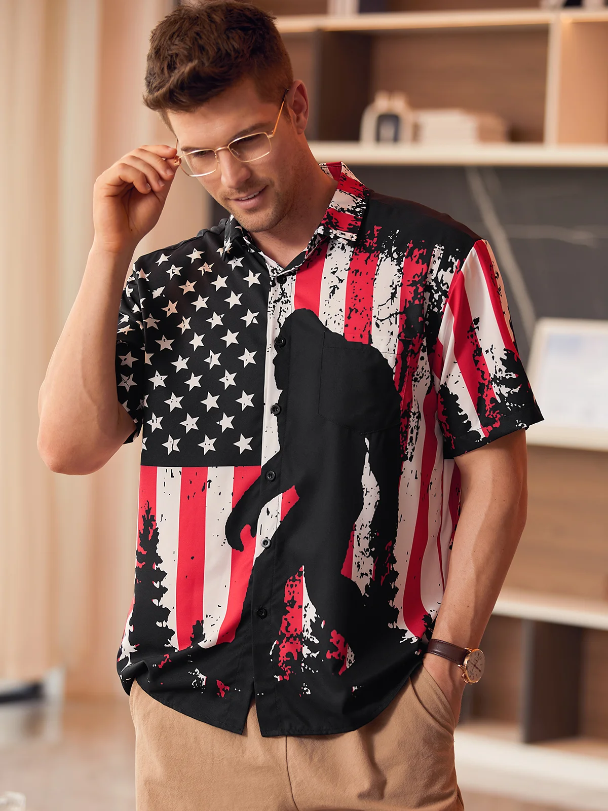 Flag Chest Pocket Short Sleeves Casual Shirt