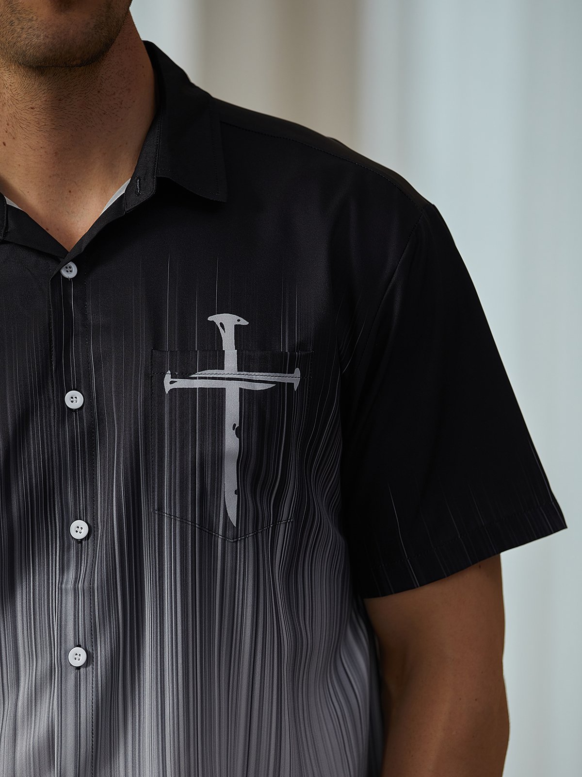 Shading Crucifix Chest Pocket Short Sleeve Shirt