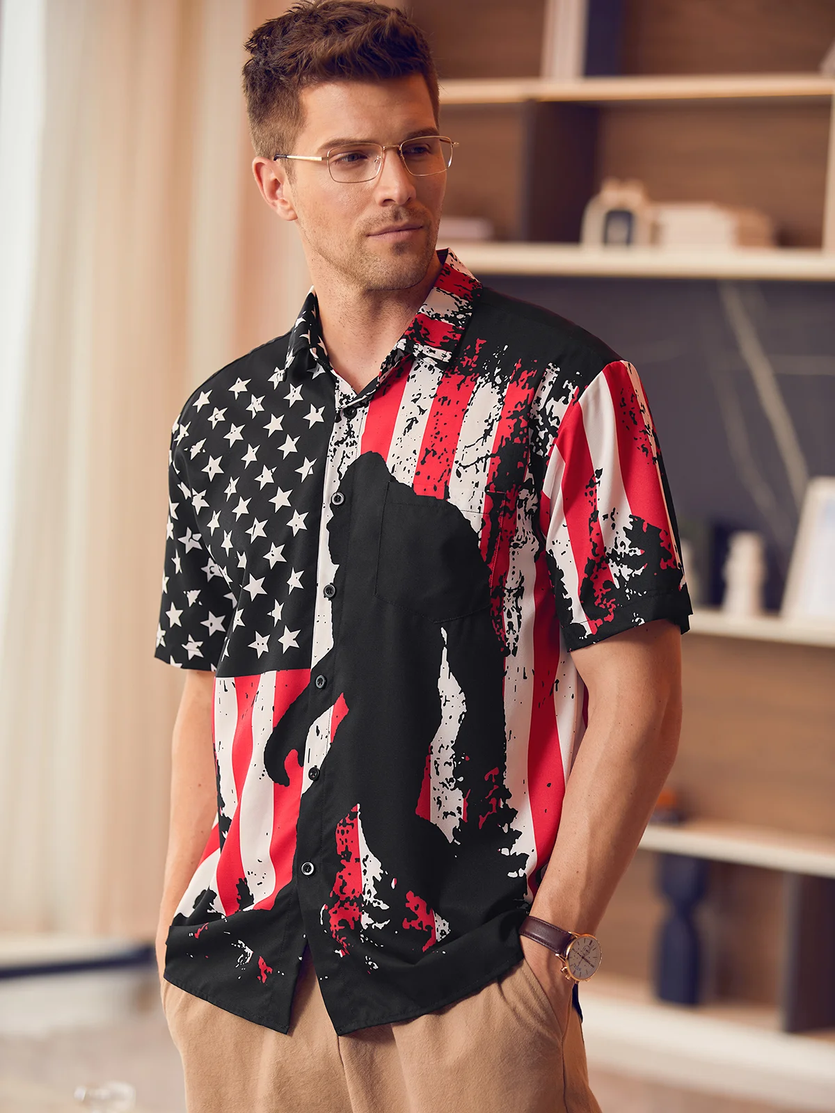 Flag Chest Pocket Short Sleeves Casual Shirt